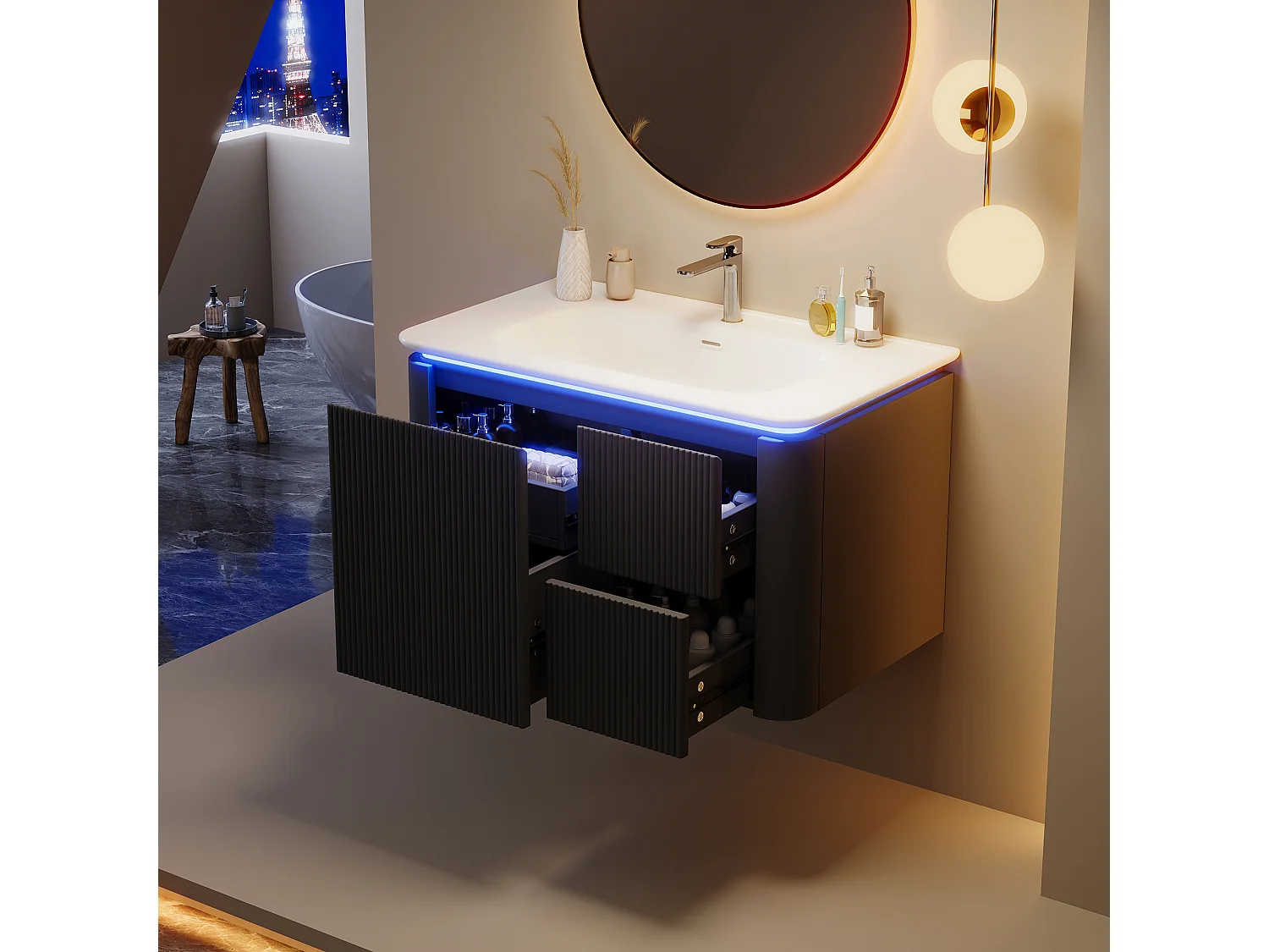 Ophangbaar badkamermeubel 80,5×47,5×51 cm - Geïntegreerde wastafel - 4 laden - Met LED - Gelakte afwerking - Zwart