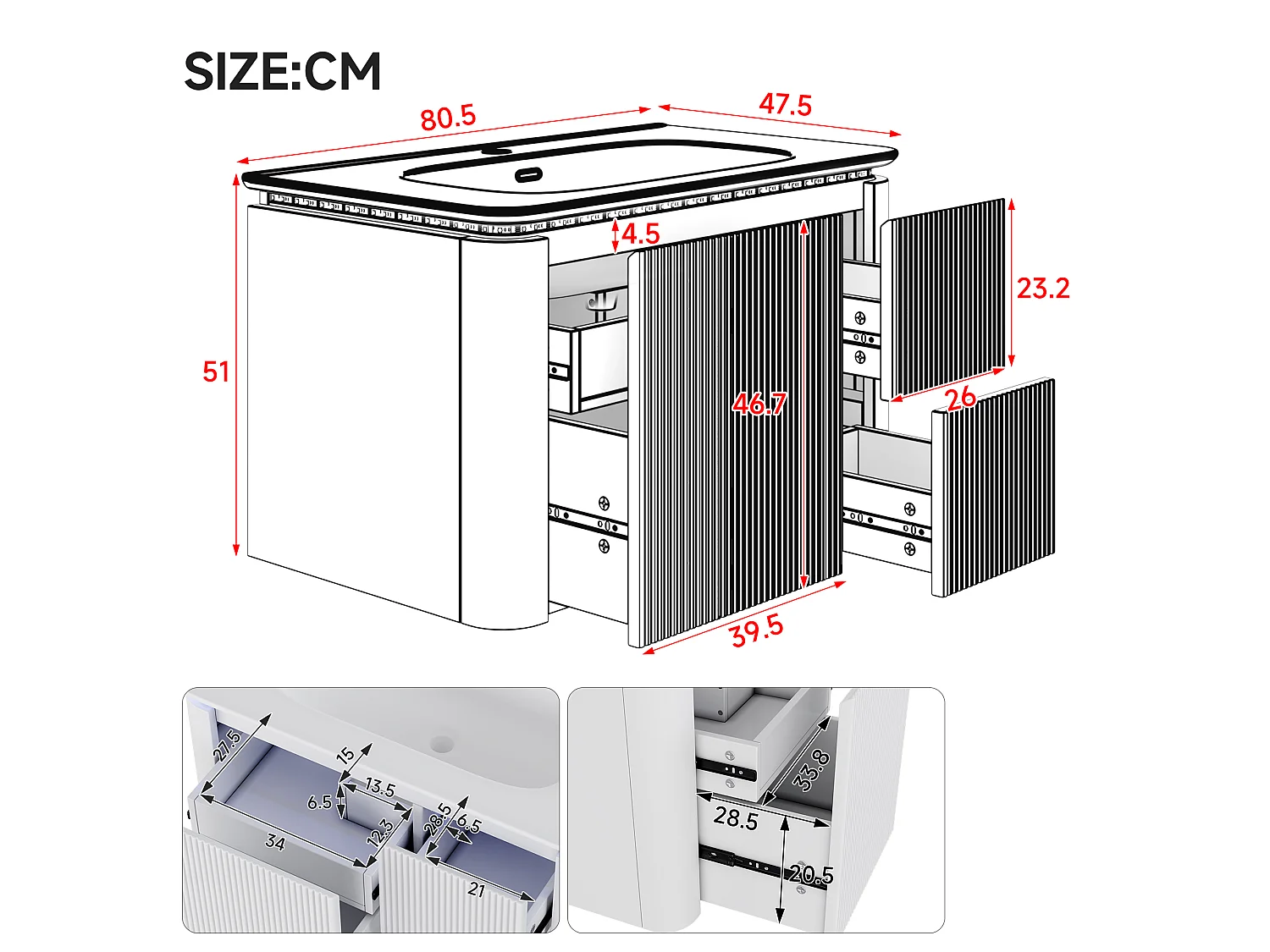 Ophangbaar badkamermeubel 80,5×47,5×51 cm - Geïntegreerde wastafel - 4 laden - Met LED - Gelakte afwerking - Zwart