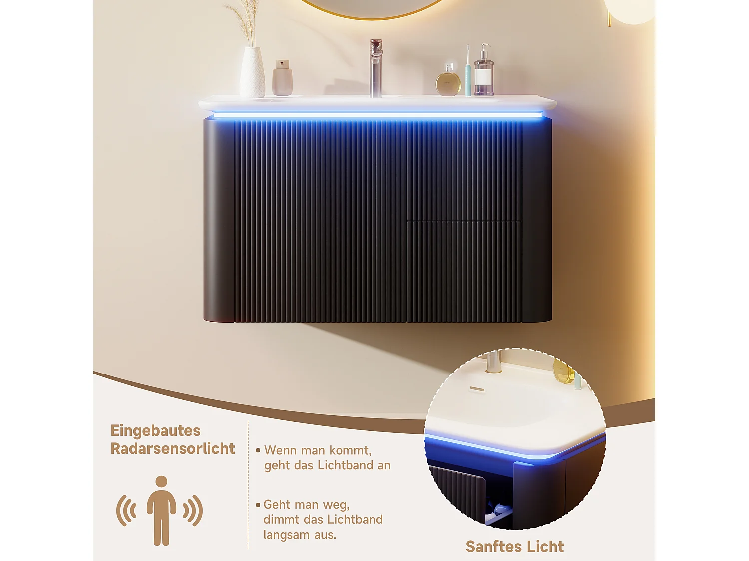 Ophangbaar badkamermeubel 80,5×47,5×51 cm - Geïntegreerde wastafel - 4 laden - Met LED - Gelakte afwerking - Zwart