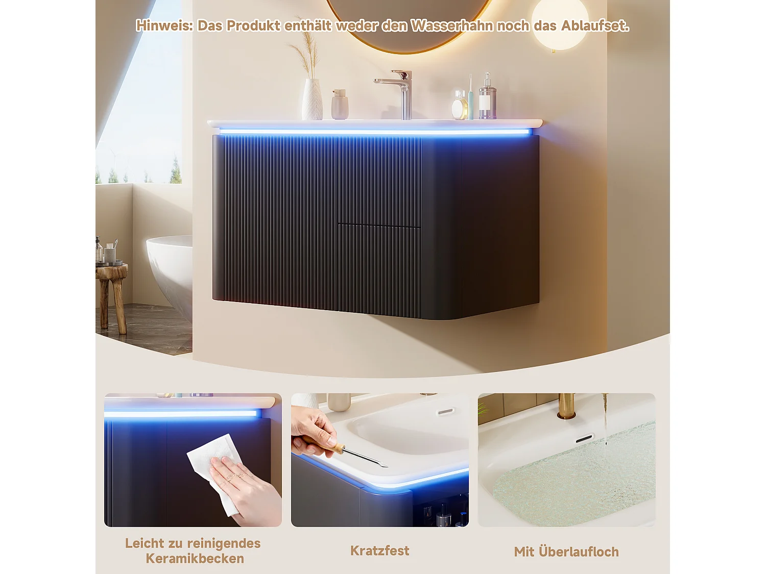 Ophangbaar badkamermeubel 80,5×47,5×51 cm - Geïntegreerde wastafel - 4 laden - Met LED - Gelakte afwerking - Zwart