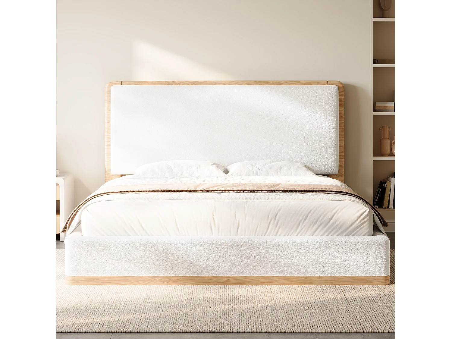Lit coffre rembourré 180x200 cm - Rangement coffre - Tête de lit rembourrée et sommier à lattes - MDF - Blanc+naturel (sans matelas)