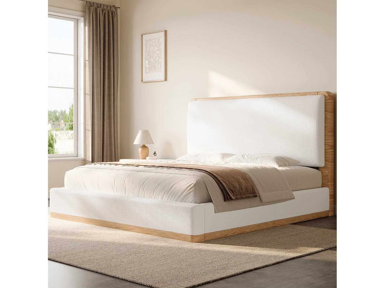 Lit coffre rembourré 180x200 cm - Rangement coffre - Tête de lit rembourrée et sommier à lattes - MDF - Blanc+naturel (sans matelas)