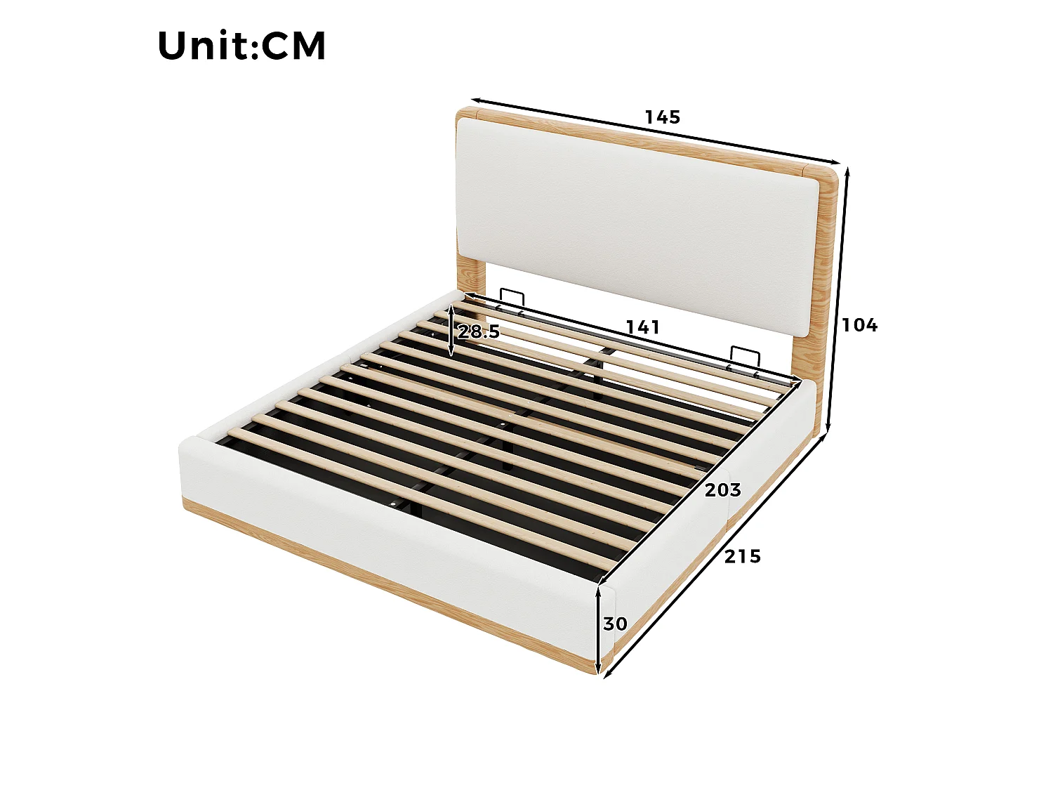 Lit coffre rembourré 180x200 cm - Rangement coffre - Tête de lit rembourrée et sommier à lattes - MDF - Blanc+naturel (sans matelas)