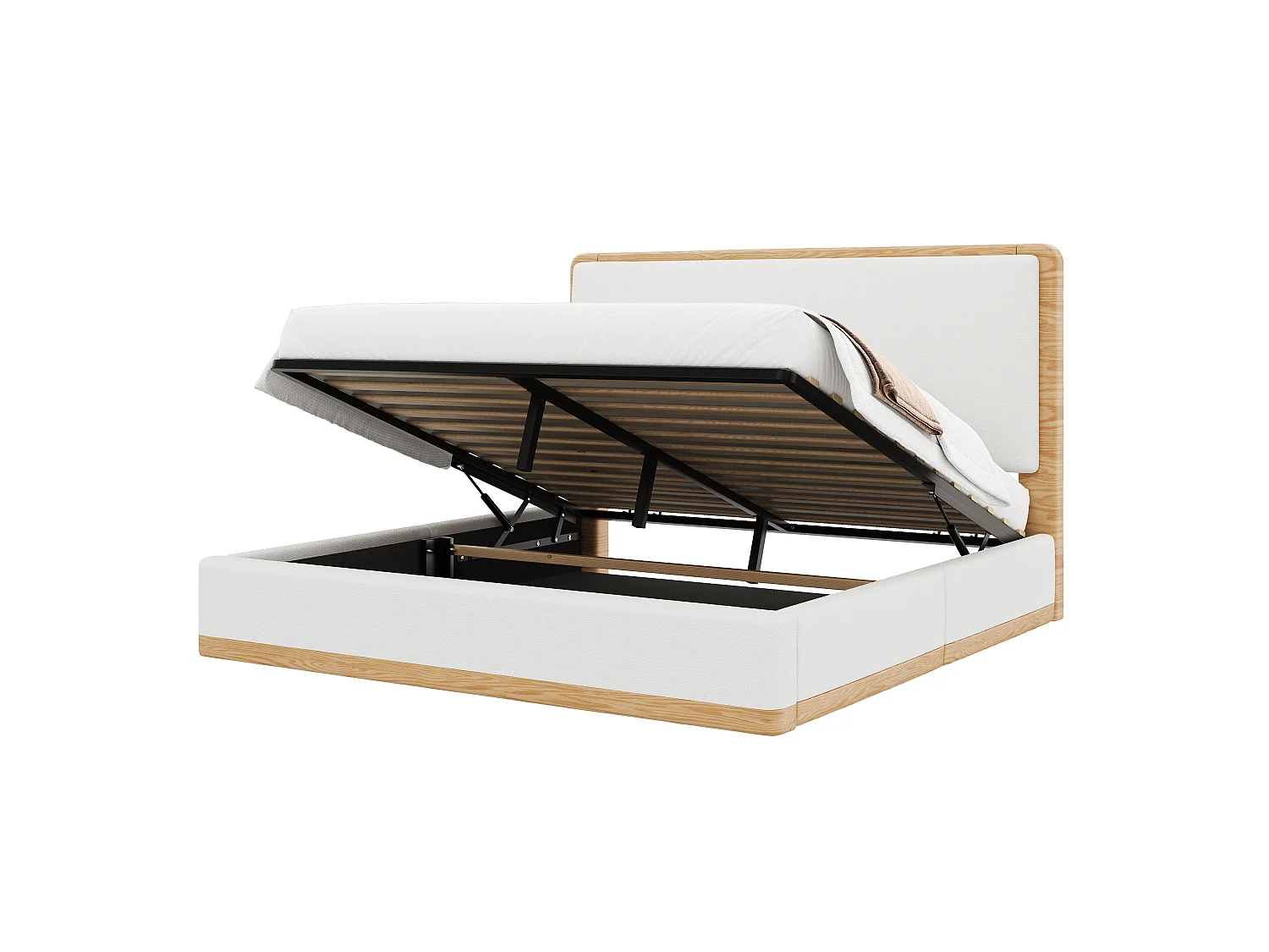 Lit coffre rembourré 180x200 cm - Rangement coffre - Tête de lit rembourrée et sommier à lattes - MDF - Blanc+naturel (sans matelas)