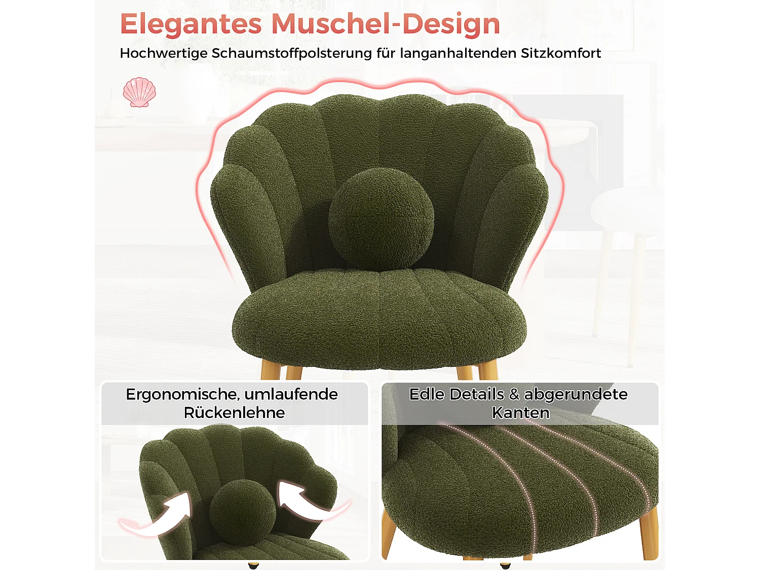 Lot de 6 chaises – Rembourrées – Pieds en métal doré – vert