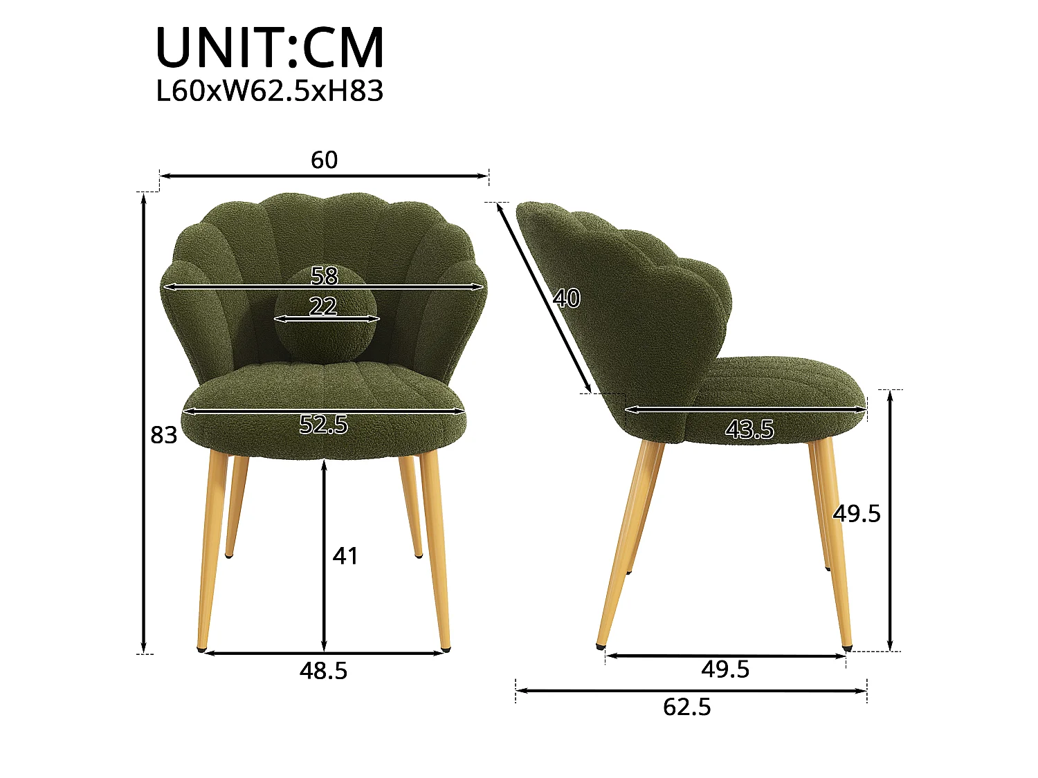 Lot de 6 chaises – Rembourrées – Pieds en métal doré – vert