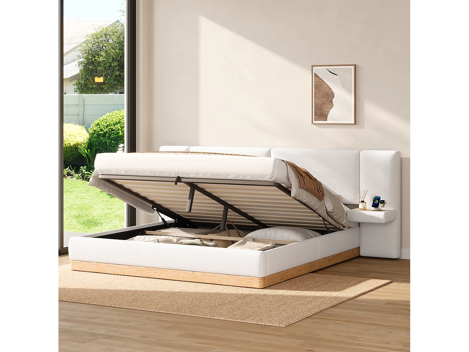 Lit coffre rembourré 180x200 cm -  Avec étagères en tête de lit et ports USB - Tissu Teddy + PU​​ - Blanc+naturel (sans matelas)