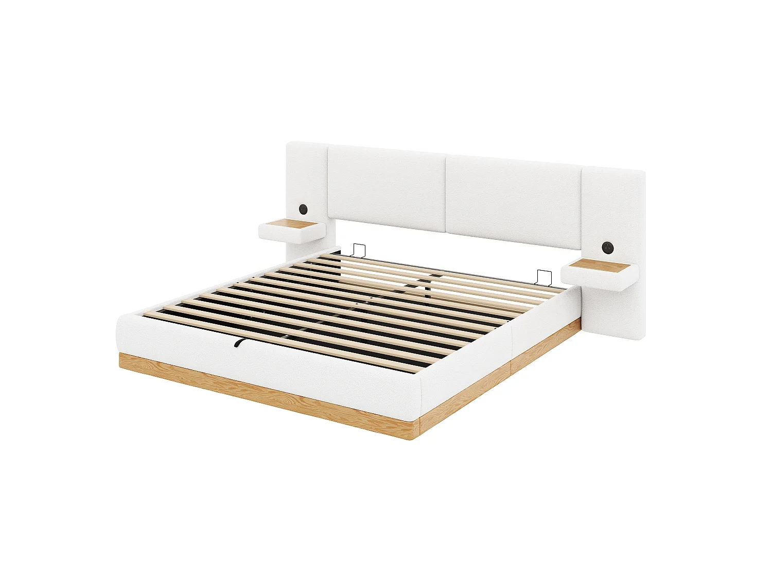 Lit coffre rembourré 180x200 cm -  Avec étagères en tête de lit et ports USB - Tissu Teddy + PU​​ - Blanc+naturel (sans matelas)