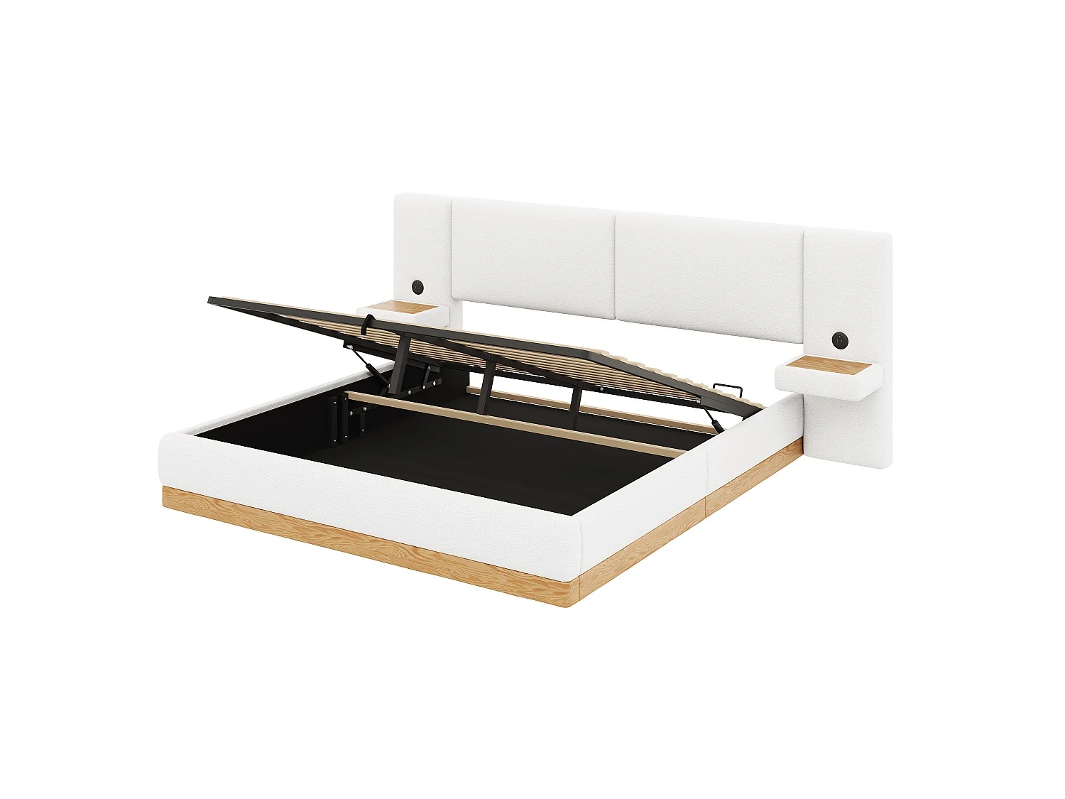 Lit coffre rembourré 180x200 cm -  Avec étagères en tête de lit et ports USB - Tissu Teddy + PU​​ - Blanc+naturel (sans matelas)