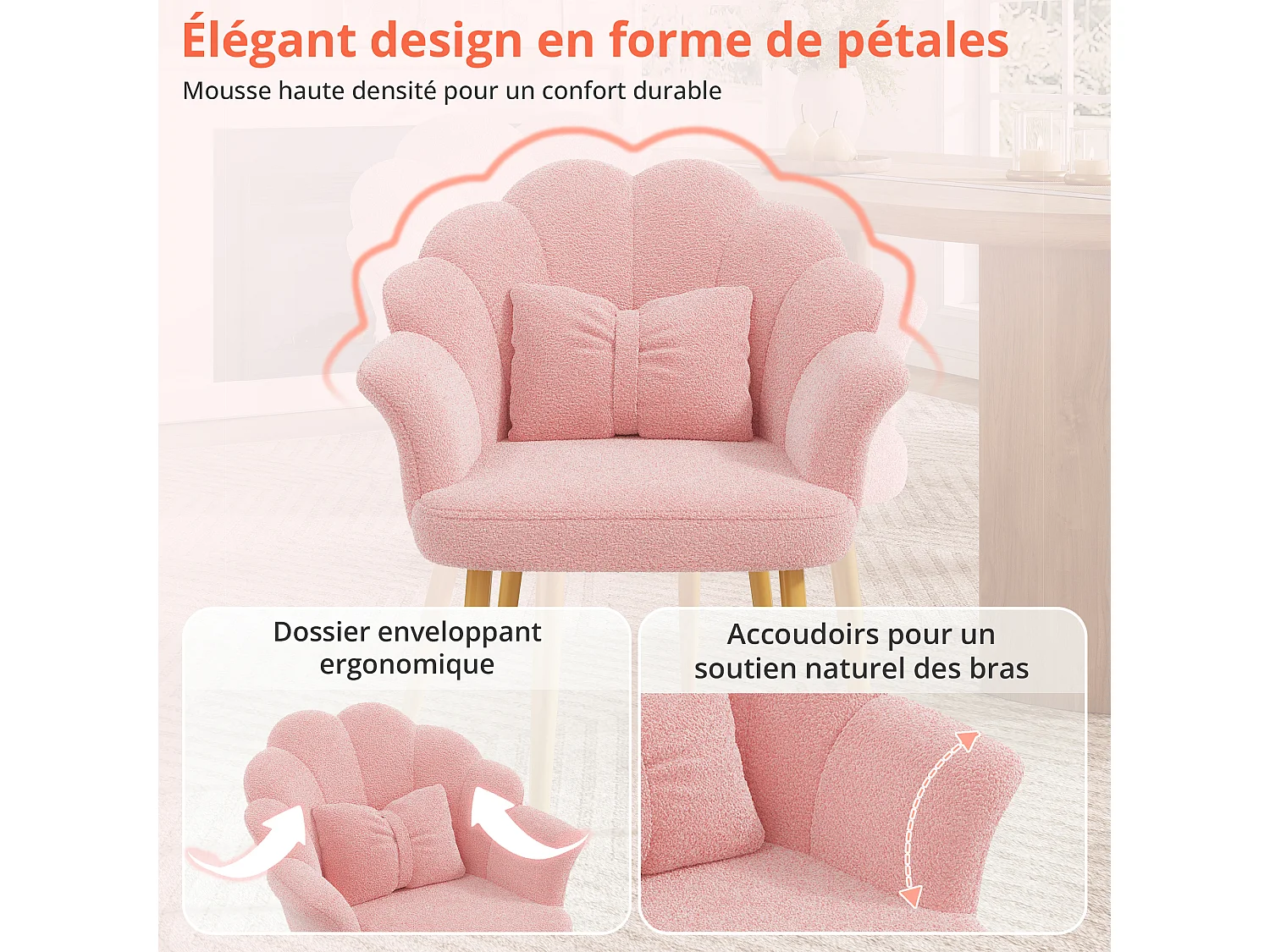 Lot de 6 fauteuils modernes – Rembourrés – Pieds en métal doré – Dossier en forme d'arc – Rose