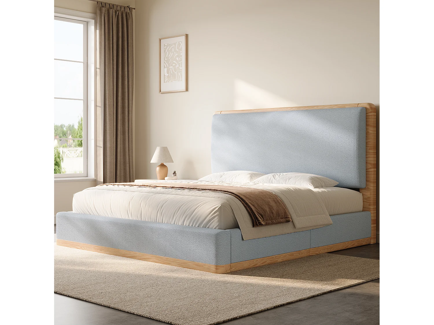 Lit coffre rembourré 180x200 cm - Rangement coffre - Tête de lit rembourrée et sommier à lattes - MDF - Gris+naturel (sans matelas)