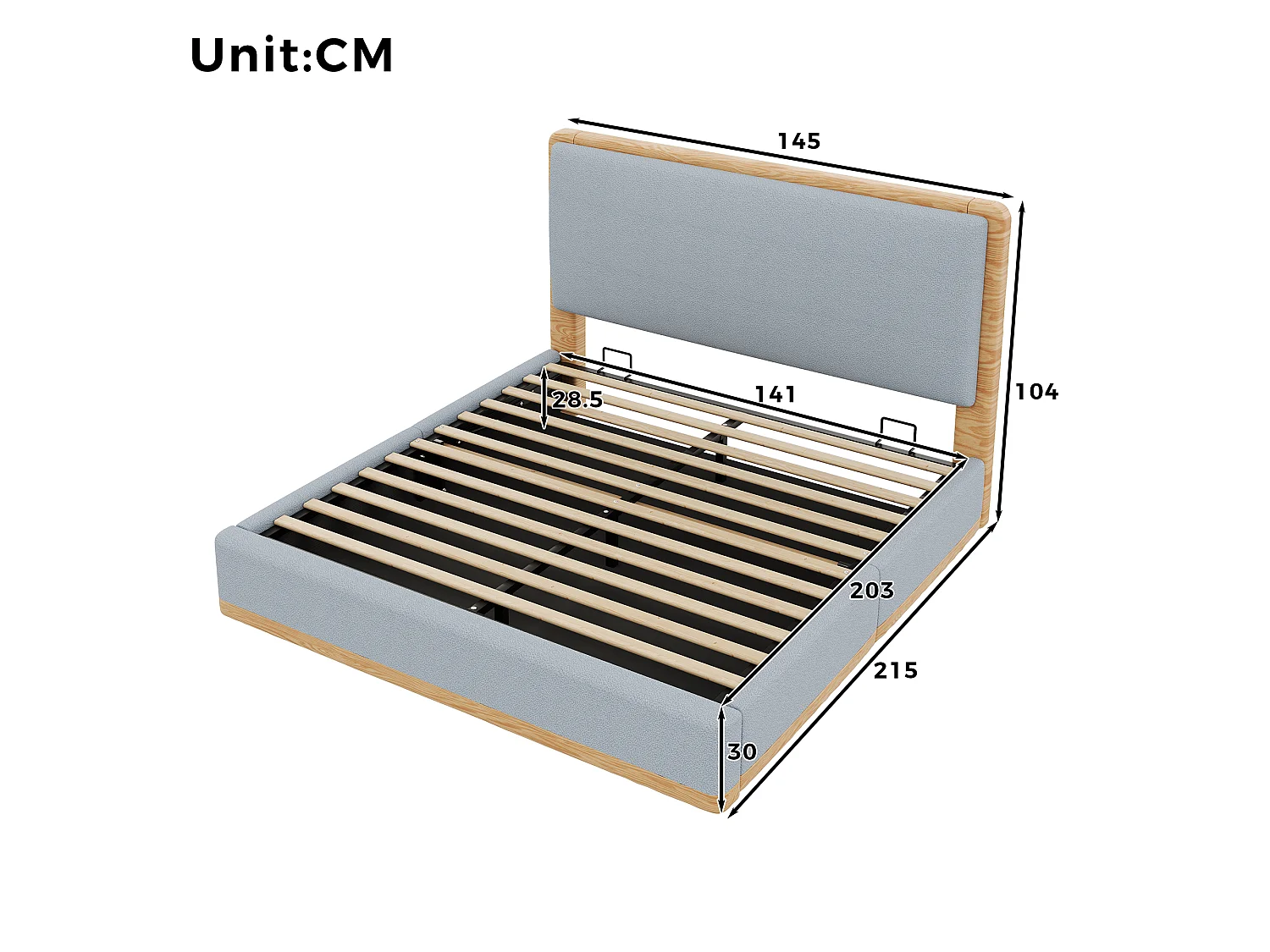 Lit coffre rembourré 180x200 cm - Rangement coffre - Tête de lit rembourrée et sommier à lattes - MDF - Gris+naturel (sans matelas)