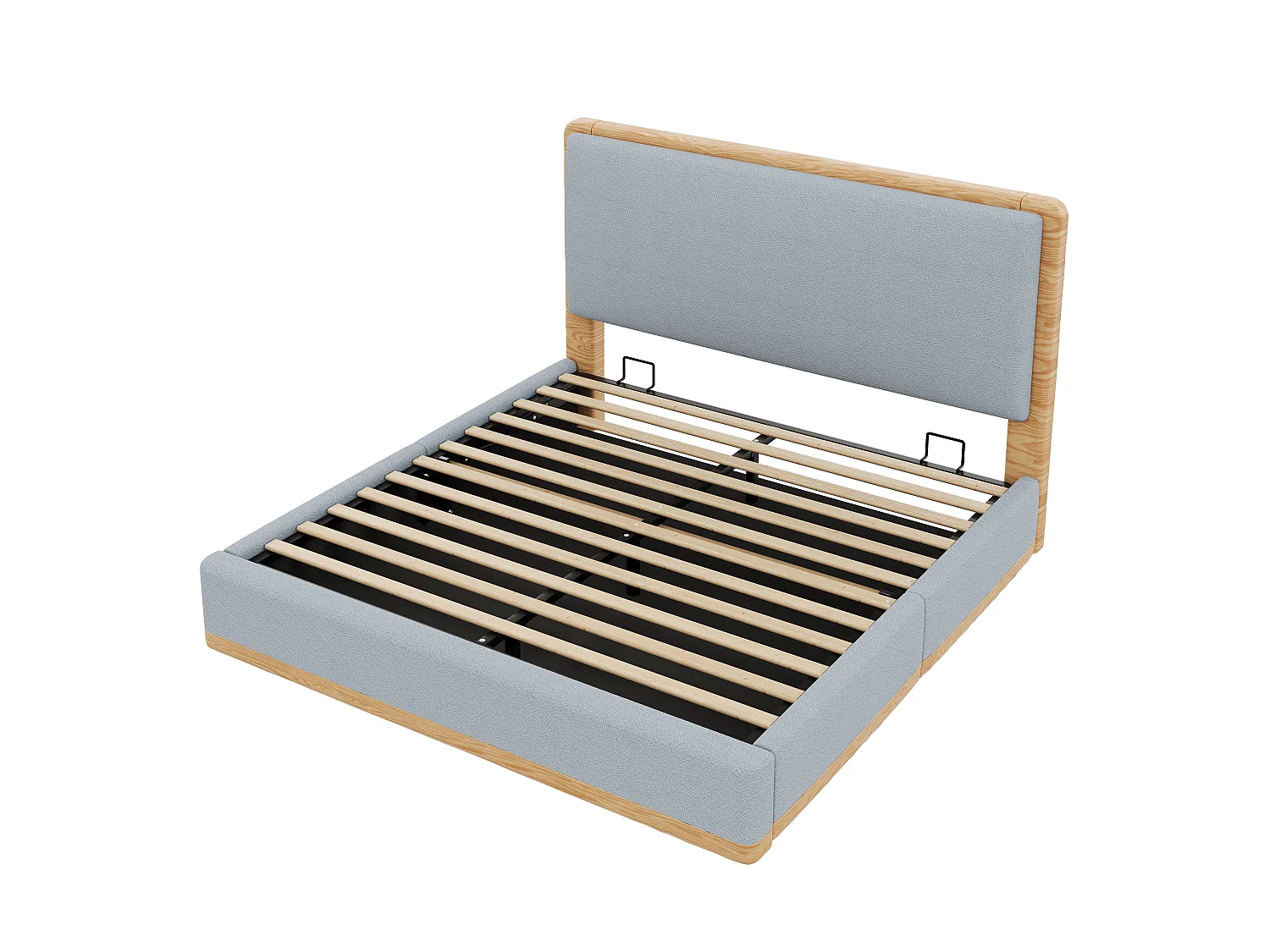 Lit coffre rembourré 180x200 cm - Rangement coffre - Tête de lit rembourrée et sommier à lattes - MDF - Gris+naturel (sans matelas)