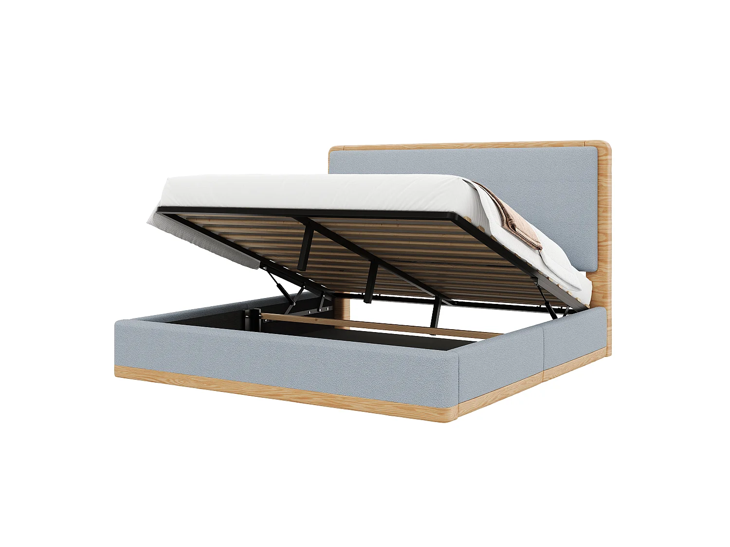 Lit coffre rembourré 180x200 cm - Rangement coffre - Tête de lit rembourrée et sommier à lattes - MDF - Gris+naturel (sans matelas)