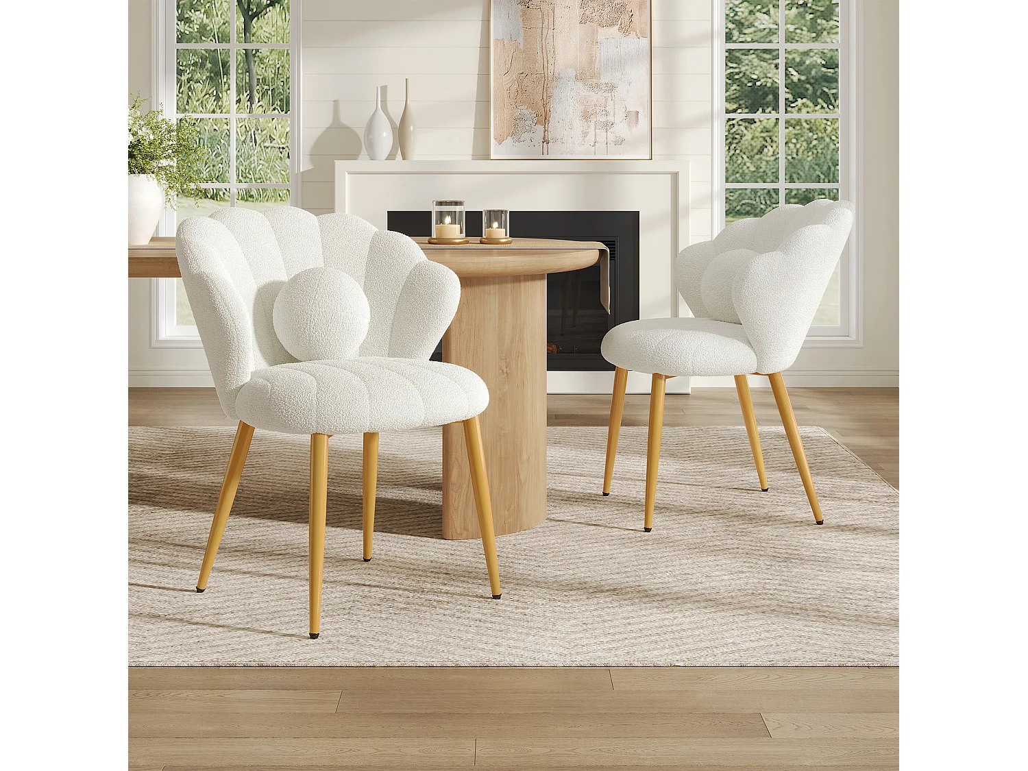 Set van 2 eetkamerstoelen – Beklede zitting – Vergulde metalen poten – Wit