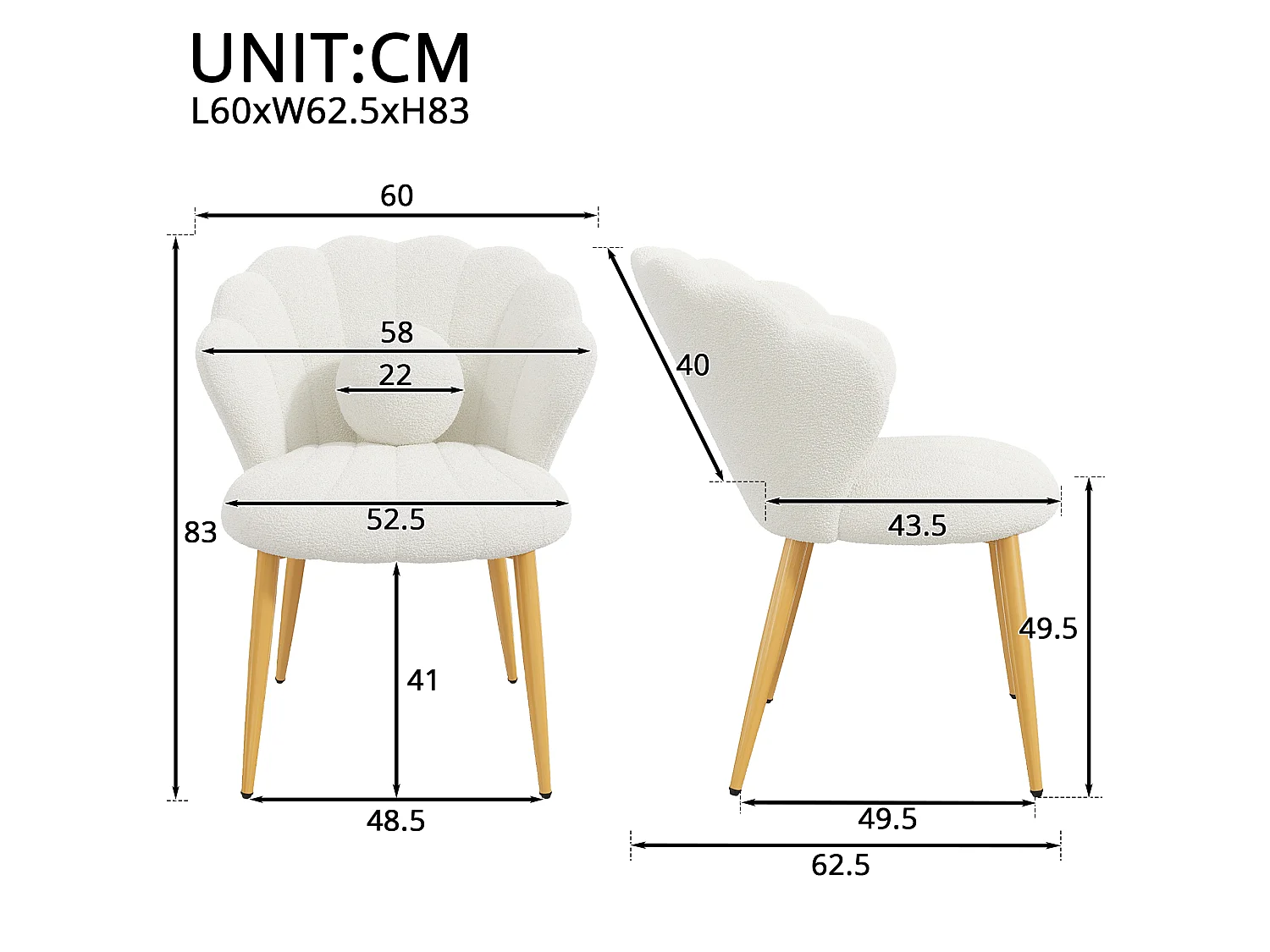 Set van 2 eetkamerstoelen – Beklede zitting – Vergulde metalen poten – Wit