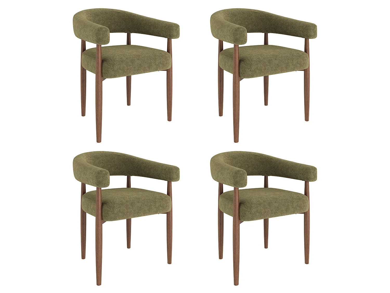 Lote de 4 sillas de comedor de metal - Tejido de chenilla - Estilo moderno - Acabado nogal - Marrón+Verde