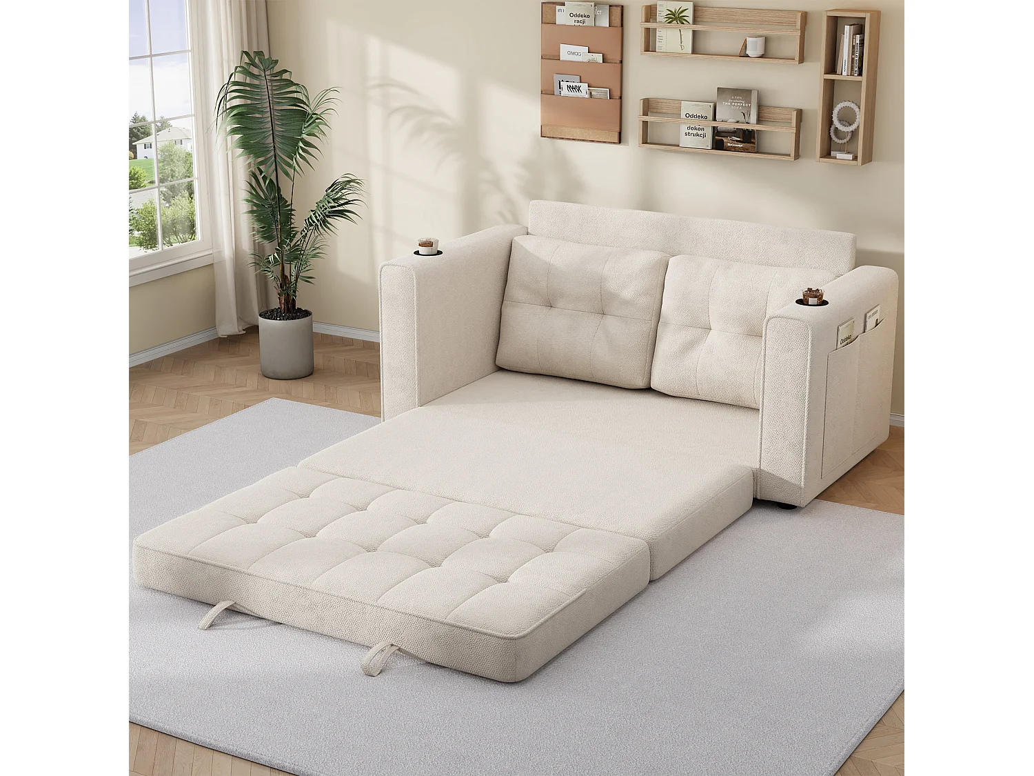 Canapé convertible 2 places - Canapé-lit avec dossier amovible, porte-gobelets et poches de rangement latérales - Beige