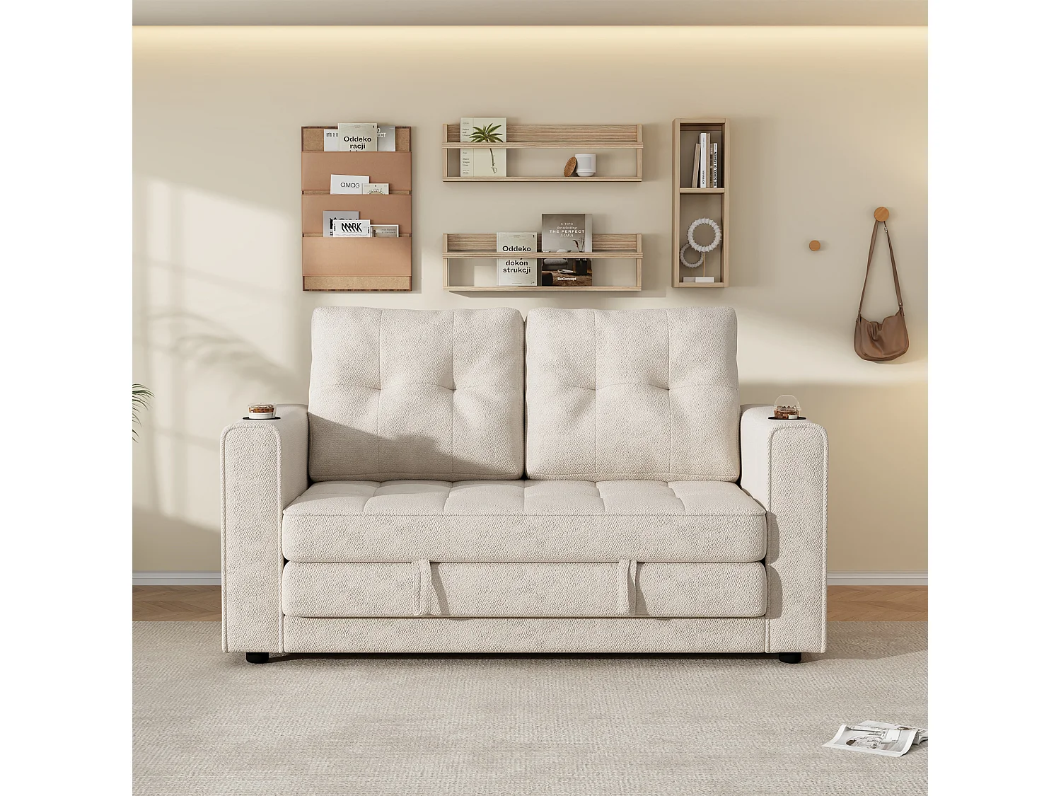 Canapé convertible 2 places - Canapé-lit avec dossier amovible, porte-gobelets et poches de rangement latérales - Beige