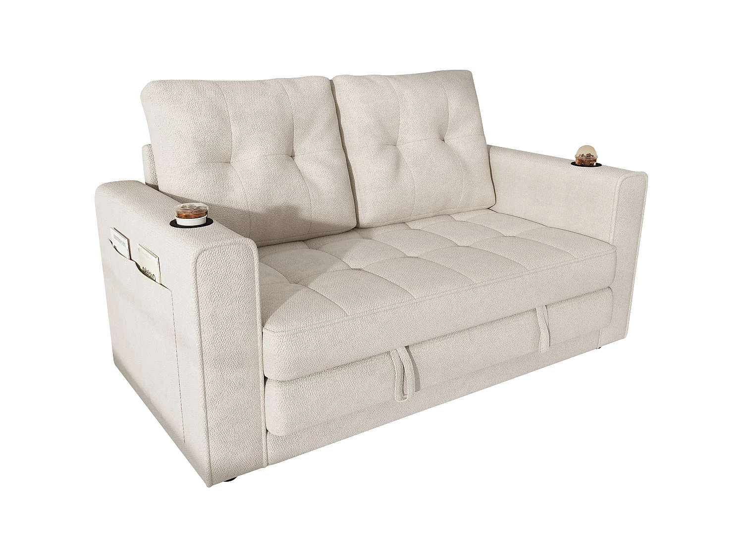 Canapé convertible 2 places - Canapé-lit avec dossier amovible, porte-gobelets et poches de rangement latérales - Beige