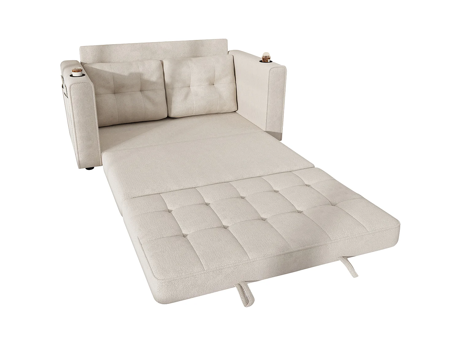 Canapé convertible 2 places - Canapé-lit avec dossier amovible, porte-gobelets et poches de rangement latérales - Beige