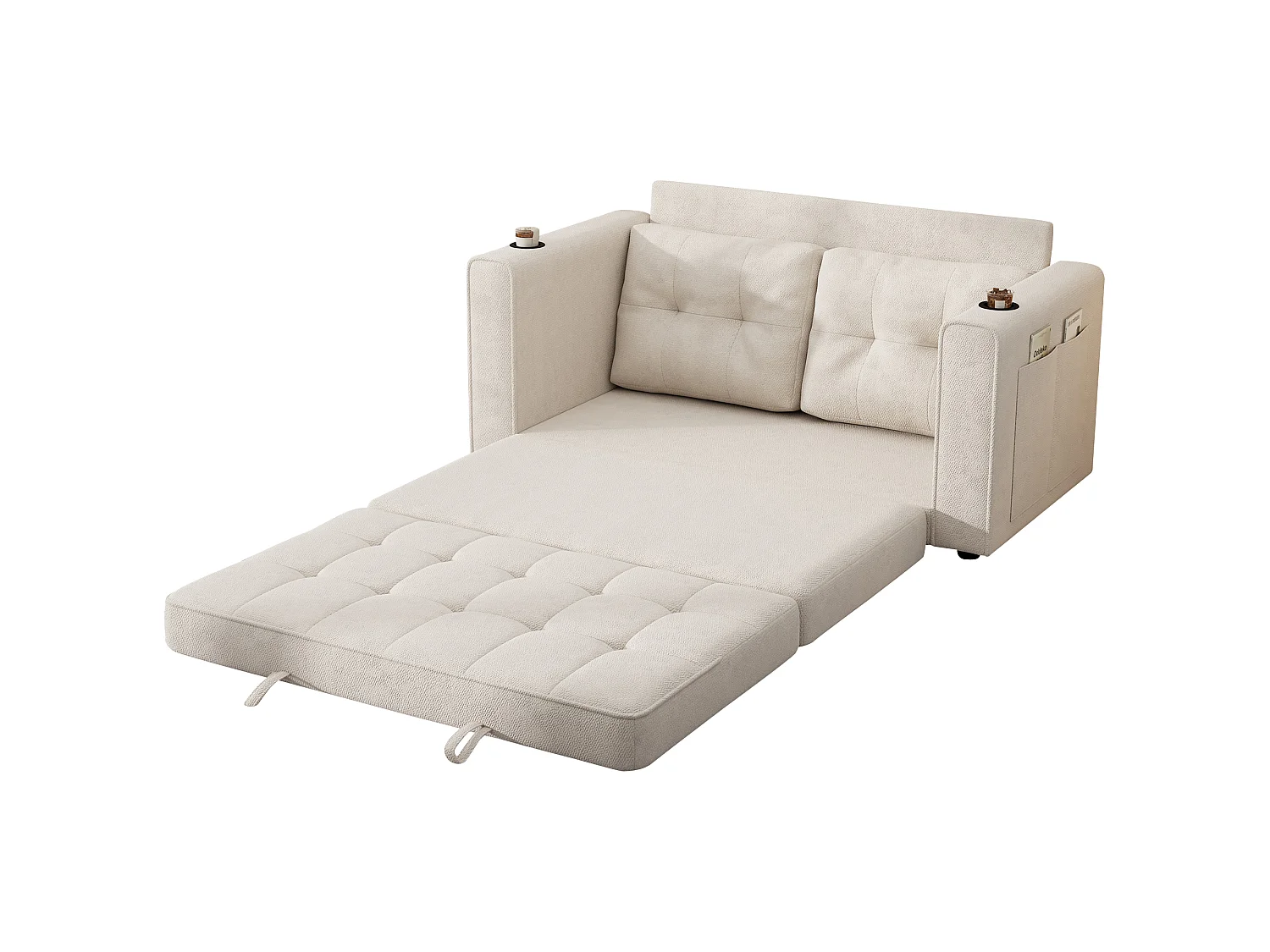 Canapé convertible 2 places - Canapé-lit avec dossier amovible, porte-gobelets et poches de rangement latérales - Beige