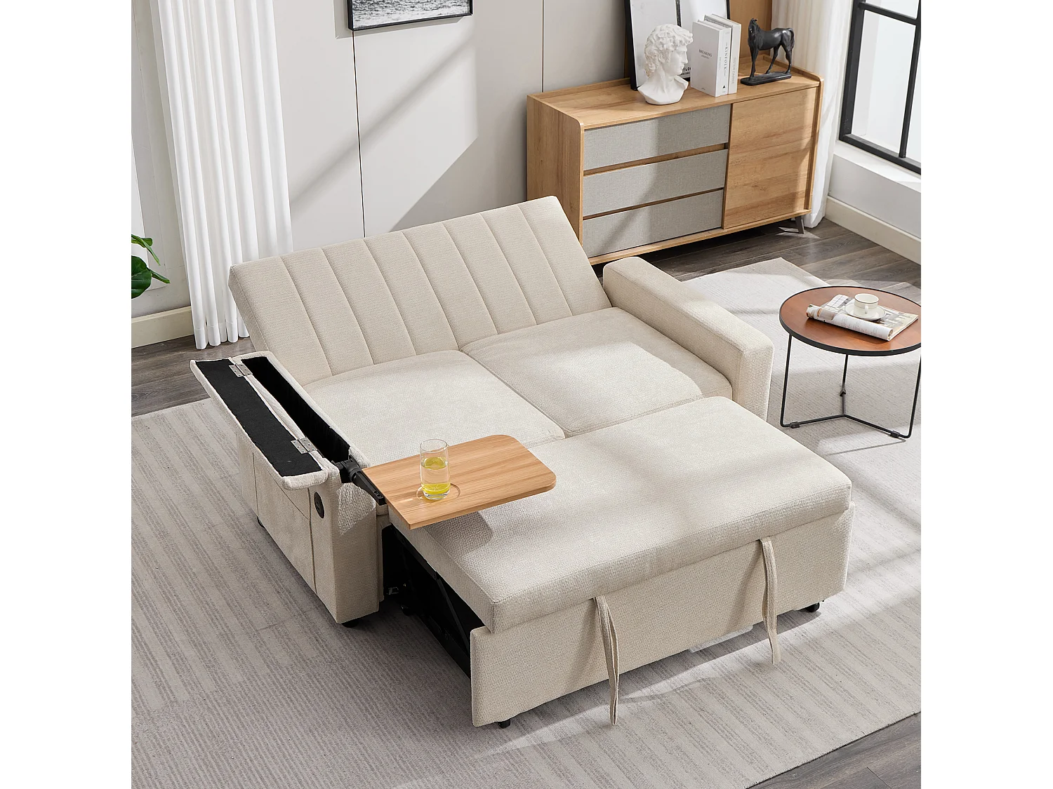 Canapé convertible 2 places - USB et Type-C - Tablette rabattable et poches latérales - Chenille - Sur roulettes - Beige