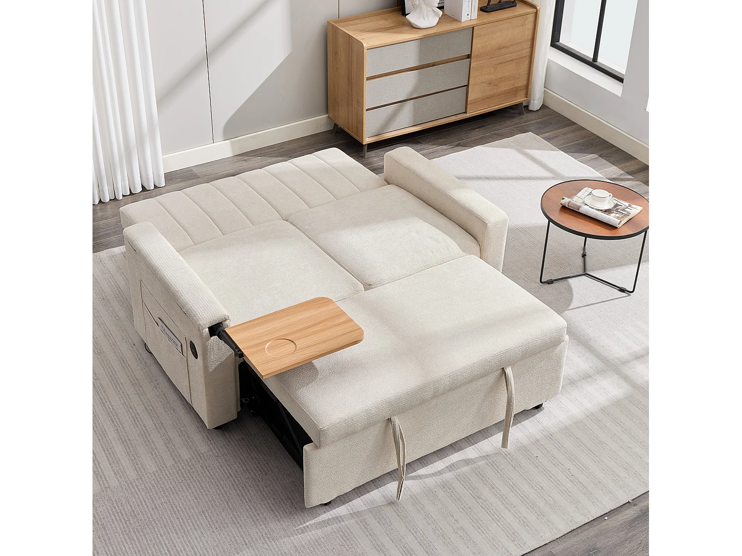 Canapé convertible 2 places - USB et Type-C - Tablette rabattable et poches latérales - Chenille - Sur roulettes - Beige