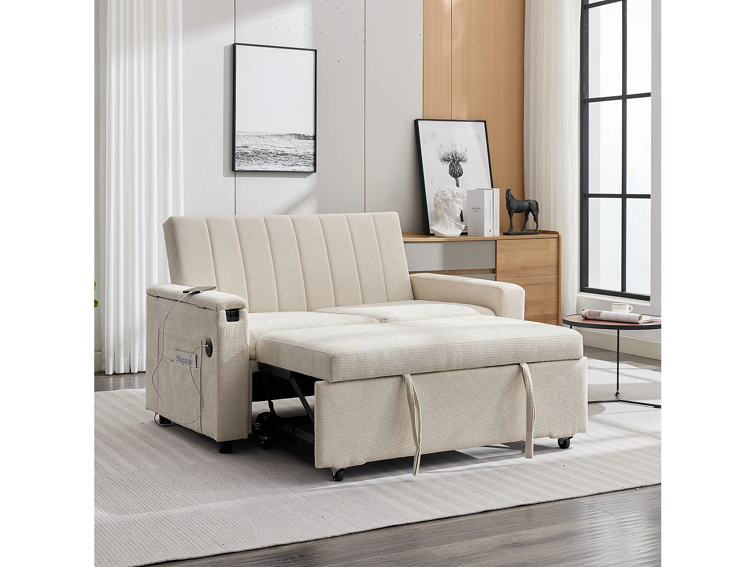 Canapé convertible 2 places - USB et Type-C - Tablette rabattable et poches latérales - Chenille - Sur roulettes - Beige