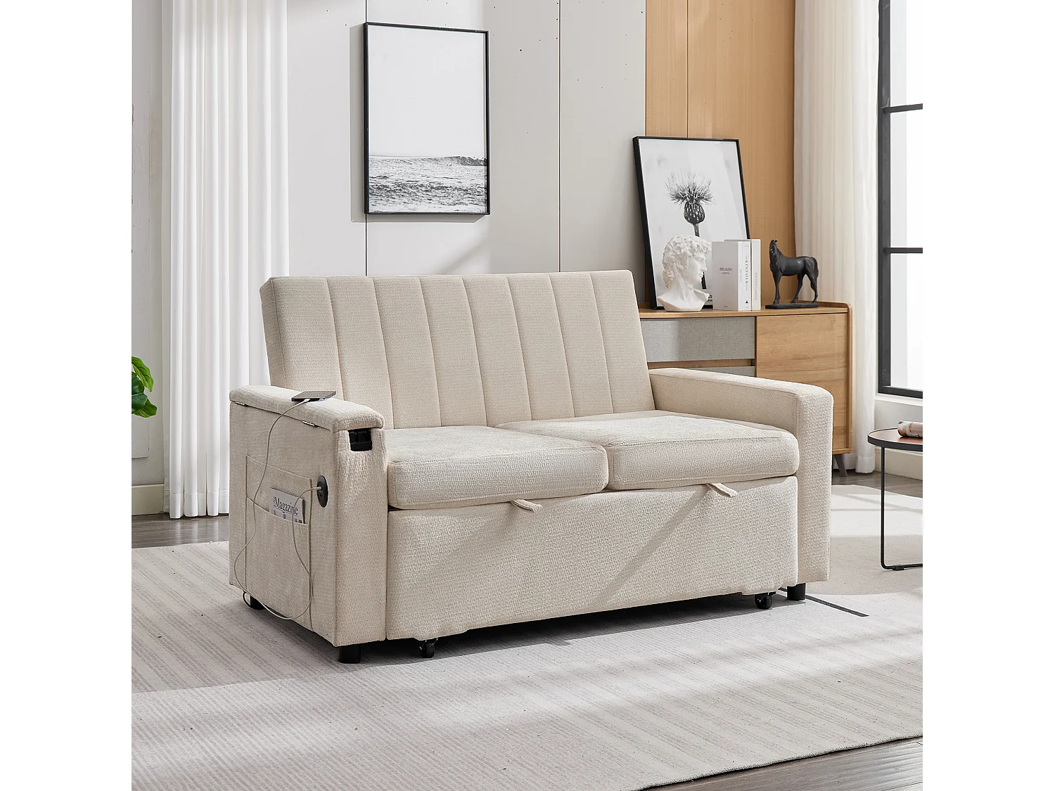 Canapé convertible 2 places - USB et Type-C - Tablette rabattable et poches latérales - Chenille - Sur roulettes - Beige