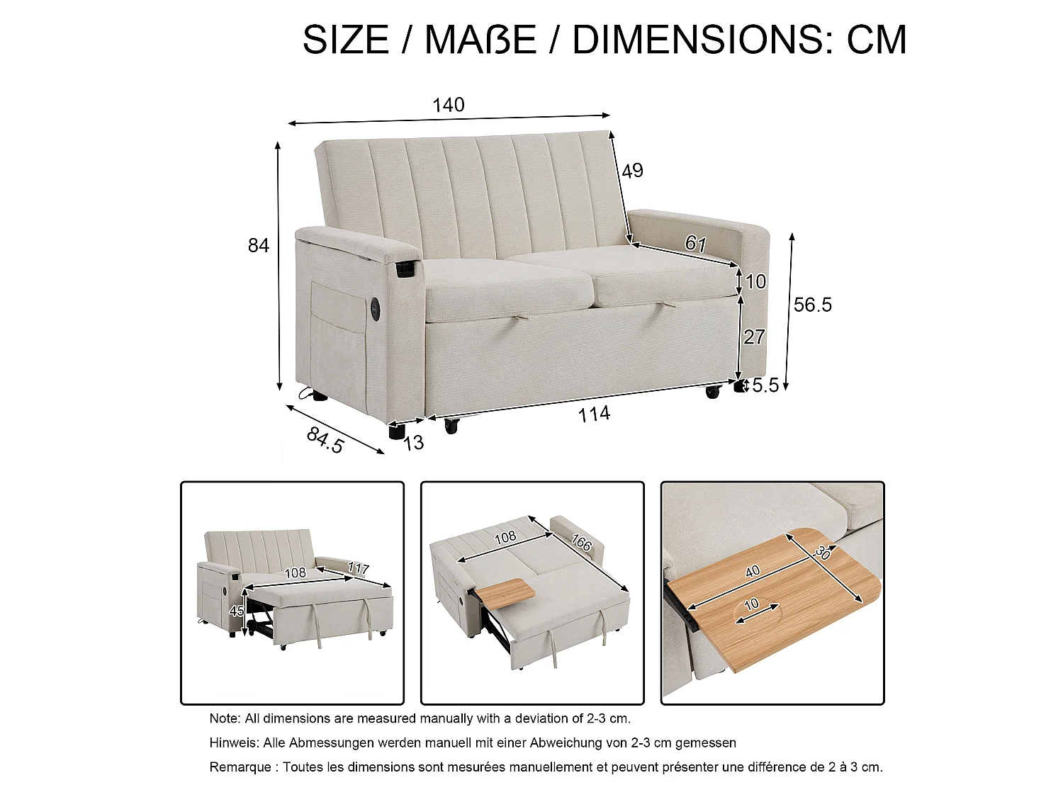 Canapé convertible 2 places - USB et Type-C - Tablette rabattable et poches latérales - Chenille - Sur roulettes - Beige