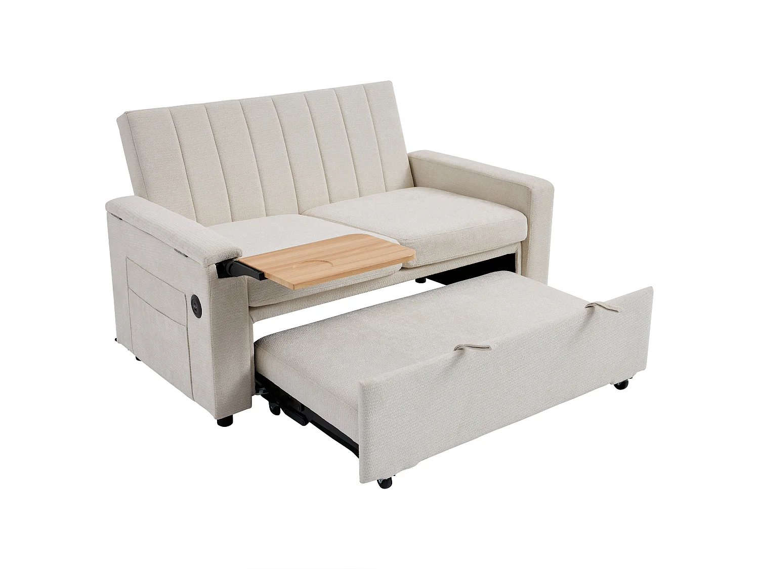 Canapé convertible 2 places - USB et Type-C - Tablette rabattable et poches latérales - Chenille - Sur roulettes - Beige