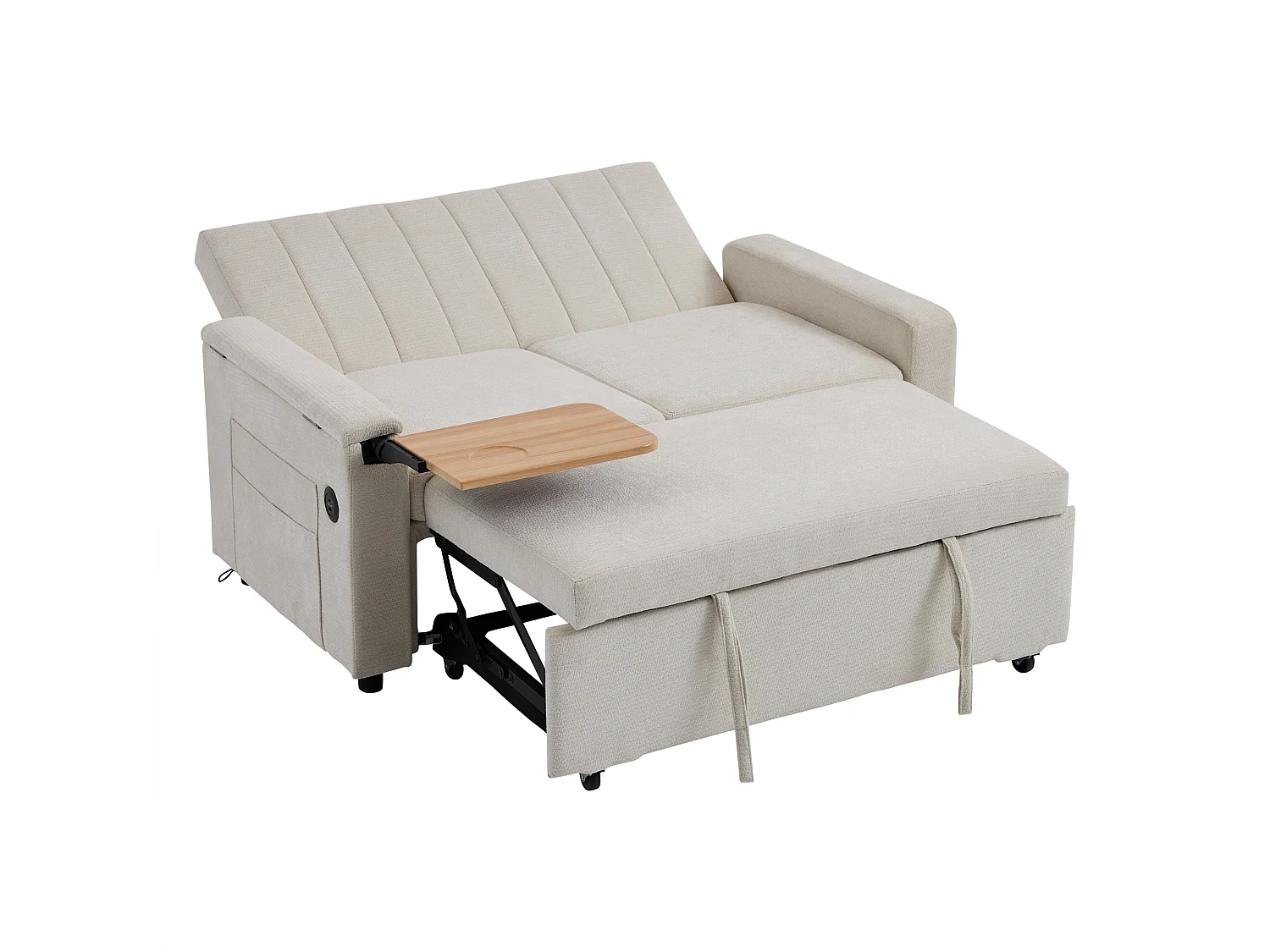 Canapé convertible 2 places - USB et Type-C - Tablette rabattable et poches latérales - Chenille - Sur roulettes - Beige