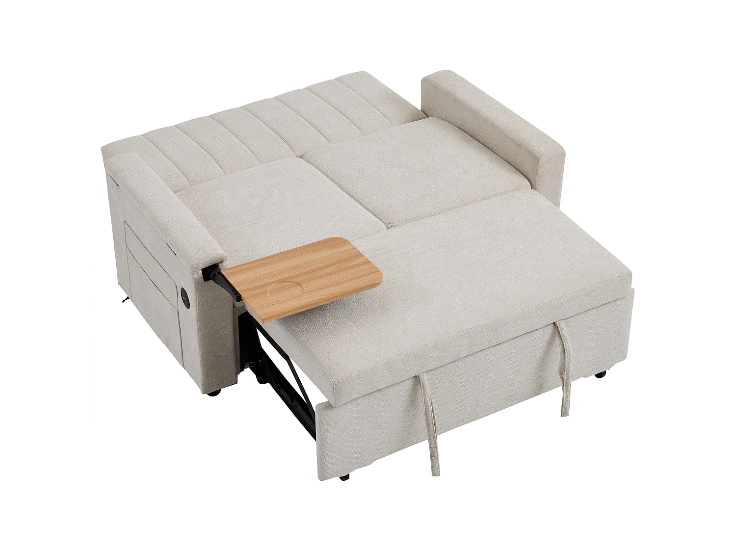 Canapé convertible 2 places - USB et Type-C - Tablette rabattable et poches latérales - Chenille - Sur roulettes - Beige