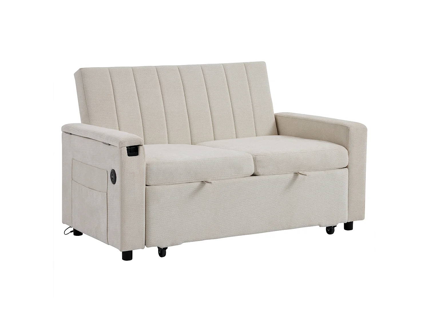 Canapé convertible 2 places - USB et Type-C - Tablette rabattable et poches latérales - Chenille - Sur roulettes - Beige
