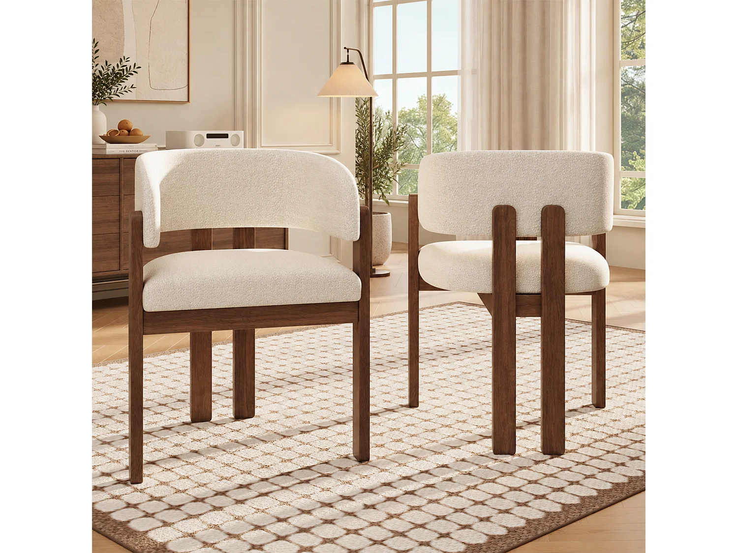 Lot de 2 chaises en bois massif avec accoudoirs - Structure en bois massif - Tissu bouclé - Marron