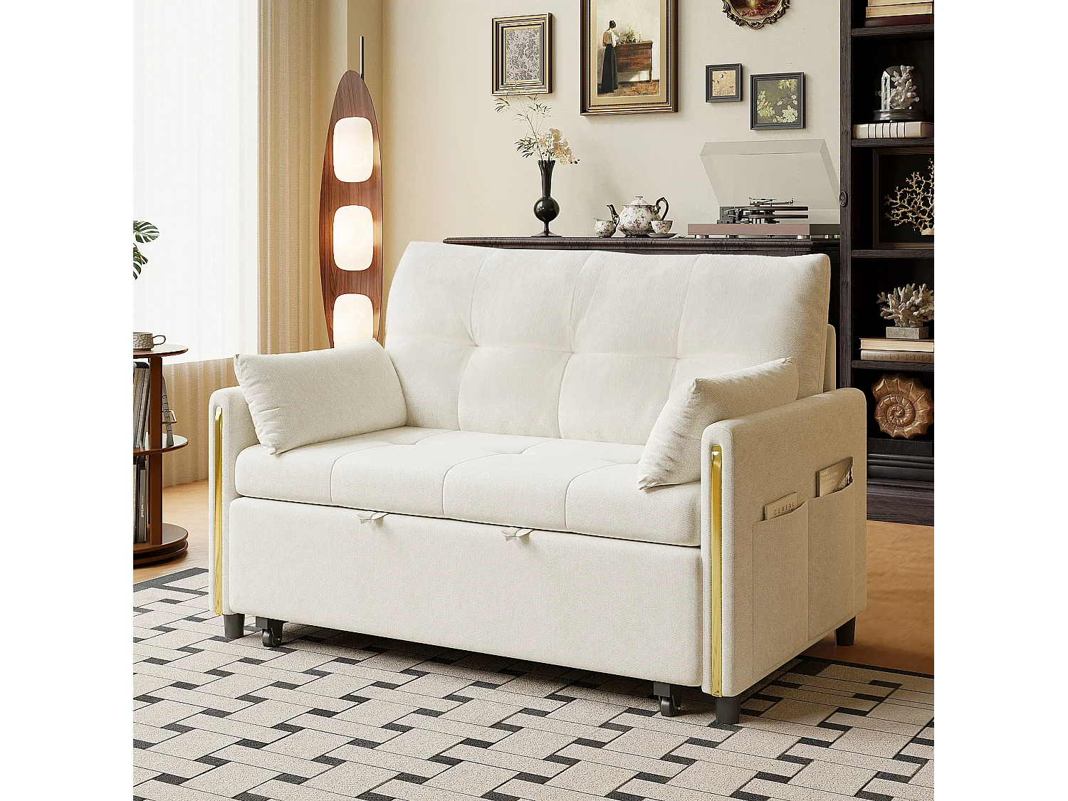 Canapé-lit 2 places convertible - fonction couchage - canapé-lit double gigogne - dossier inclinable 5 positions - tissu chenille - Beige clair