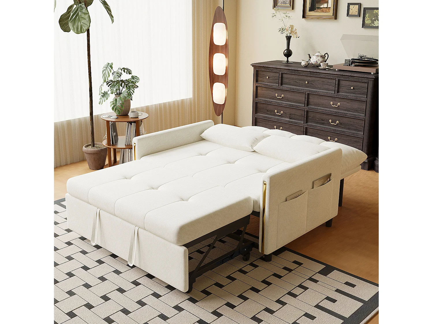 Canapé-lit 2 places convertible - fonction couchage - canapé-lit double gigogne - dossier inclinable 5 positions - tissu chenille - Beige clair