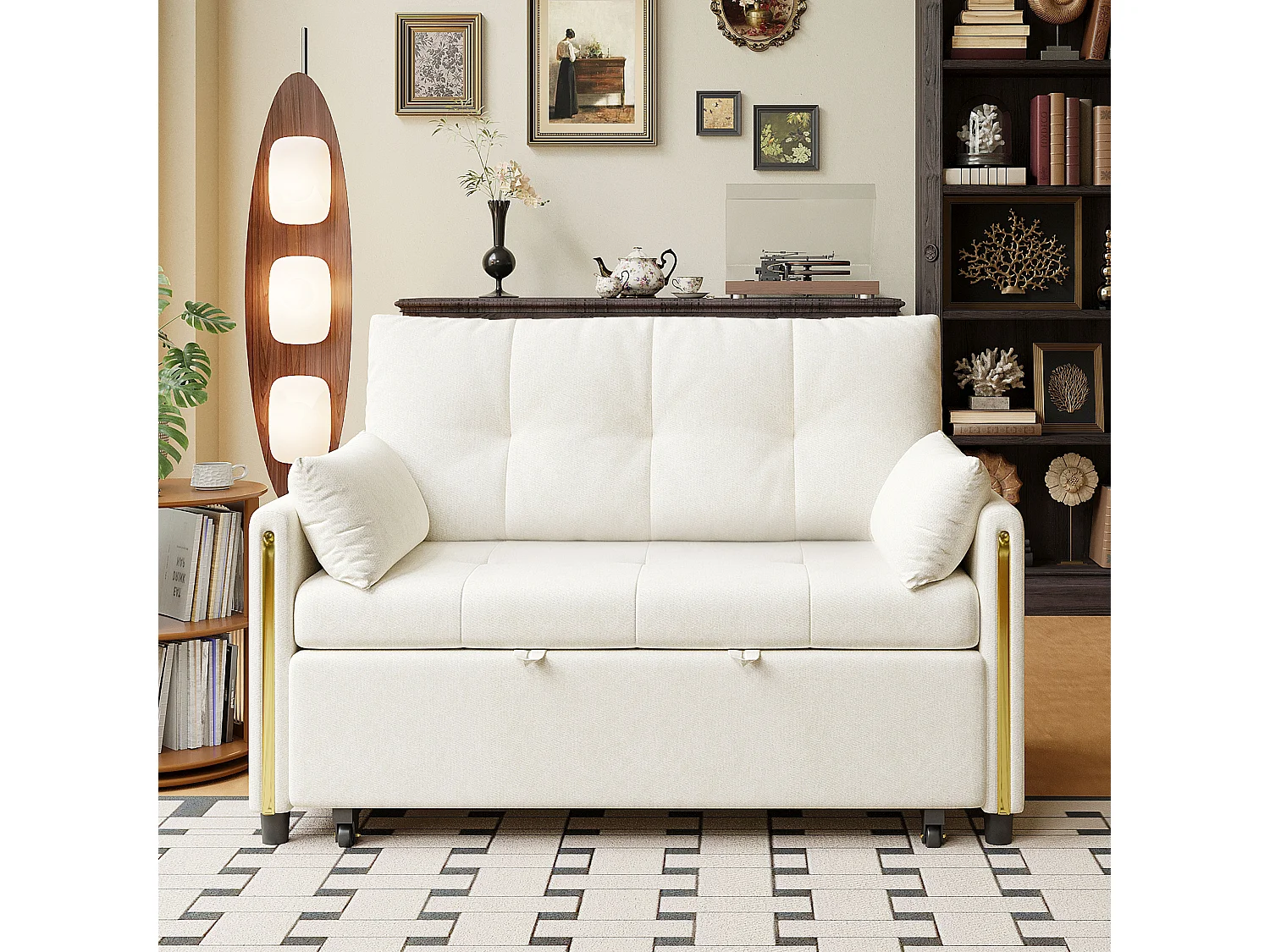 Canapé-lit 2 places convertible - fonction couchage - canapé-lit double gigogne - dossier inclinable 5 positions - tissu chenille - Beige clair