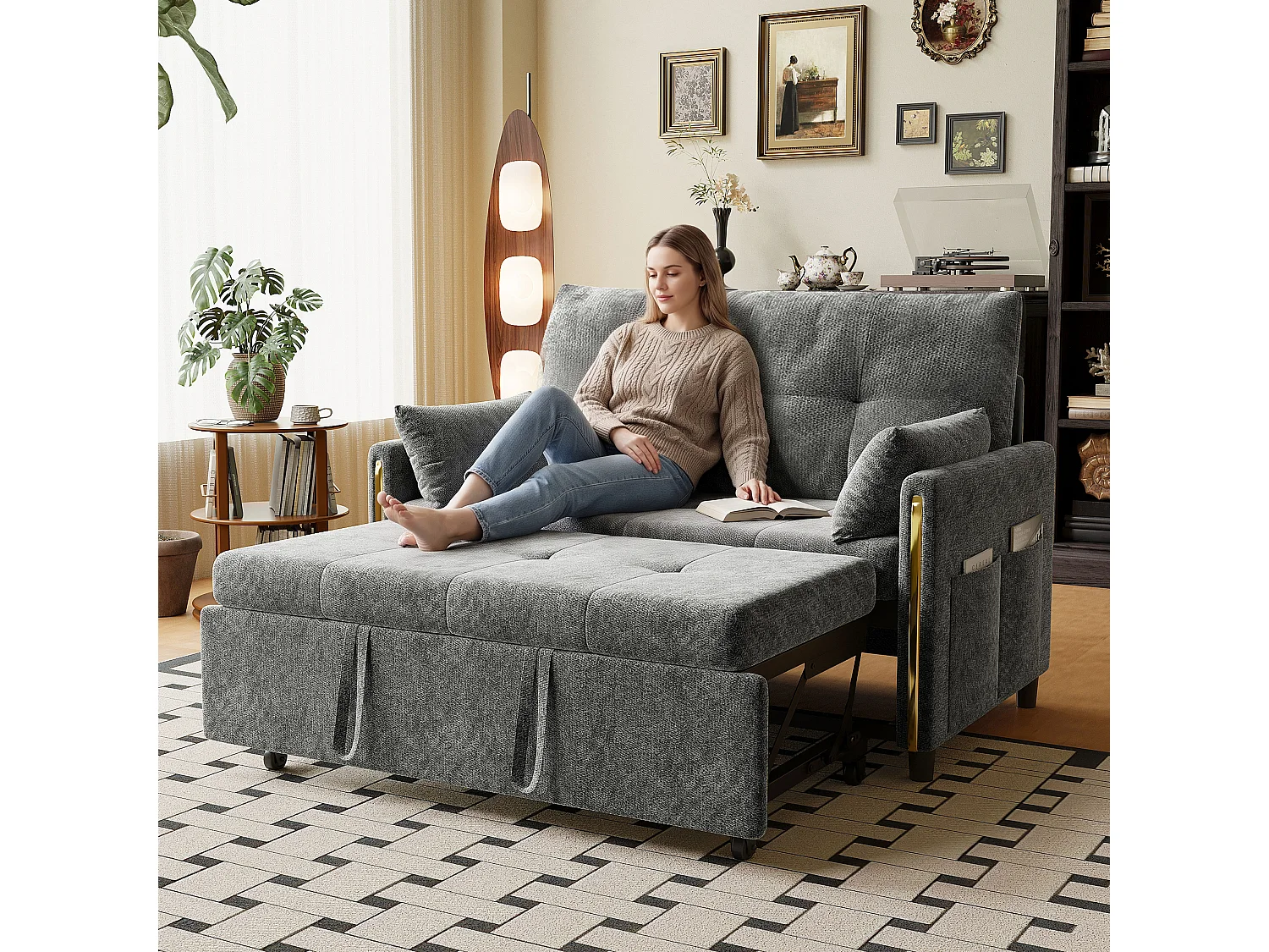 Sofa rozkładana 2-osobowa - funkcja spania - sofa dwuosobowa z dodatkowym posłaniem - oparcie regulowane w 5 pozycjach - tkanina welurowa - Szary
