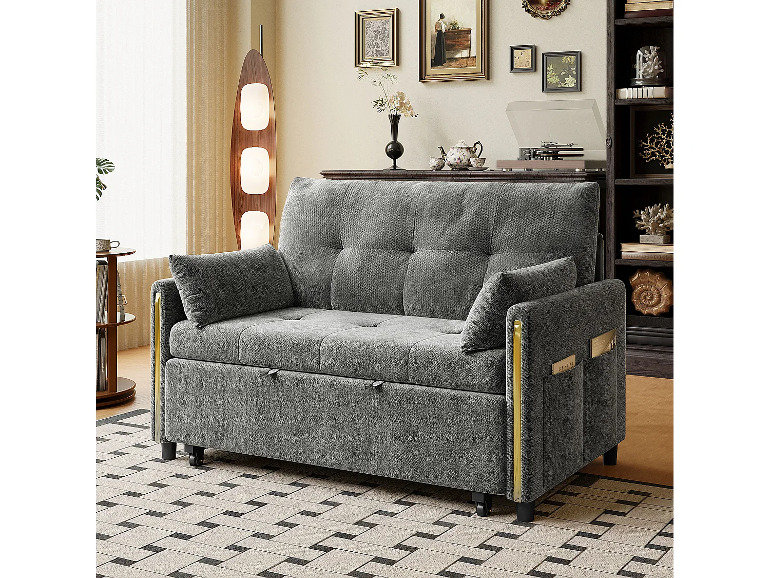 Sofa rozkładana 2-osobowa - funkcja spania - sofa dwuosobowa z dodatkowym posłaniem - oparcie regulowane w 5 pozycjach - tkanina welurowa - Szary