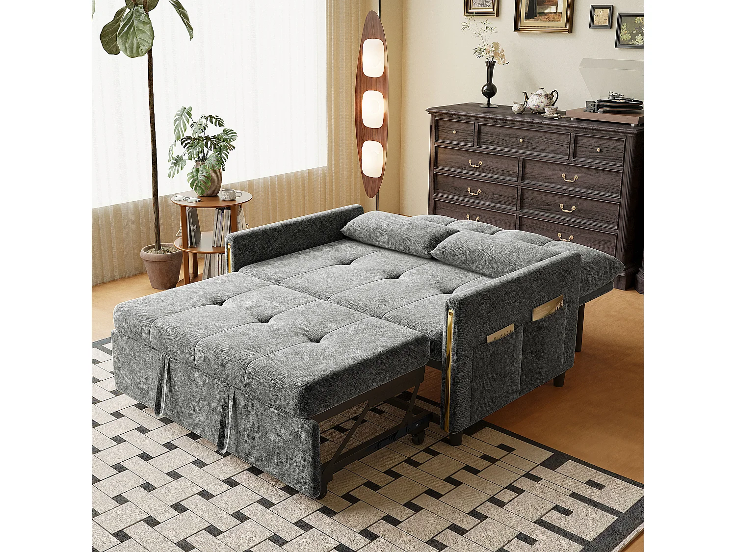 Sofa rozkładana 2-osobowa - funkcja spania - sofa dwuosobowa z dodatkowym posłaniem - oparcie regulowane w 5 pozycjach - tkanina welurowa - Szary