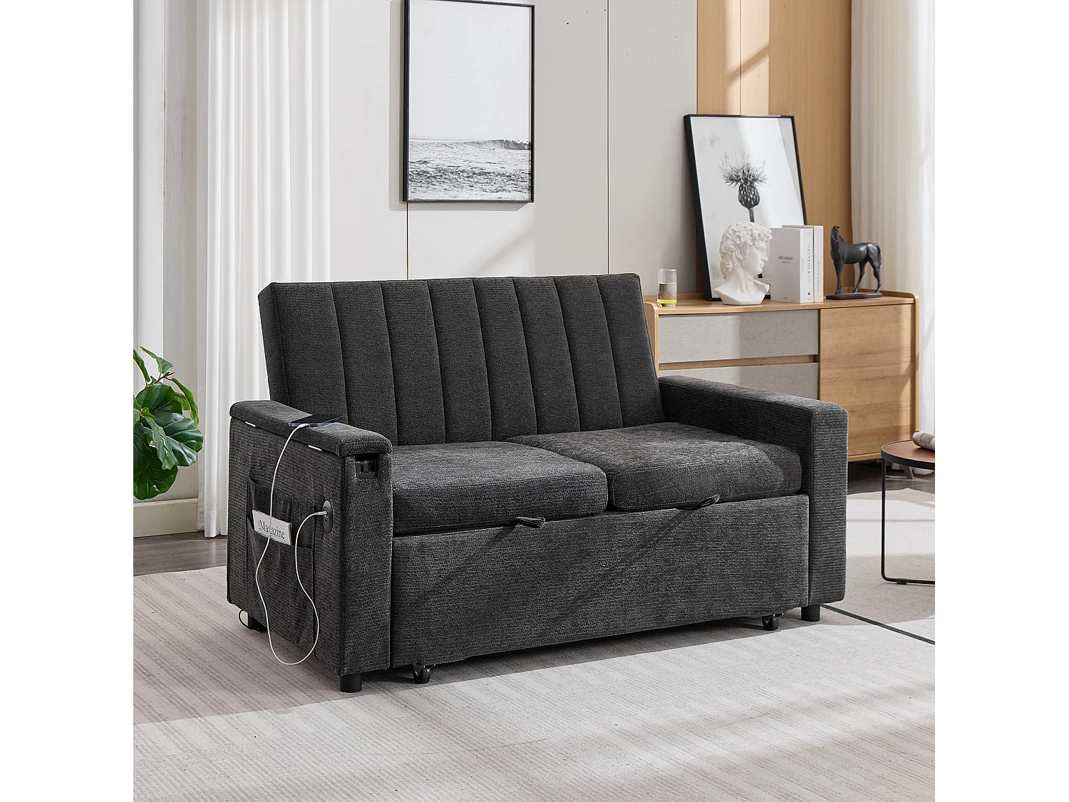 Sofa rozkładana 2-osobowa - USB i Type-C - Składany stolik i boczne kieszenie - Welur - Na kółkach - Beżowoszary