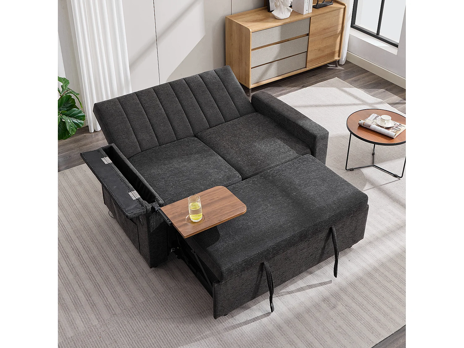 Sofa rozkładana 2-osobowa - USB i Type-C - Składany stolik i boczne kieszenie - Welur - Na kółkach - Beżowoszary