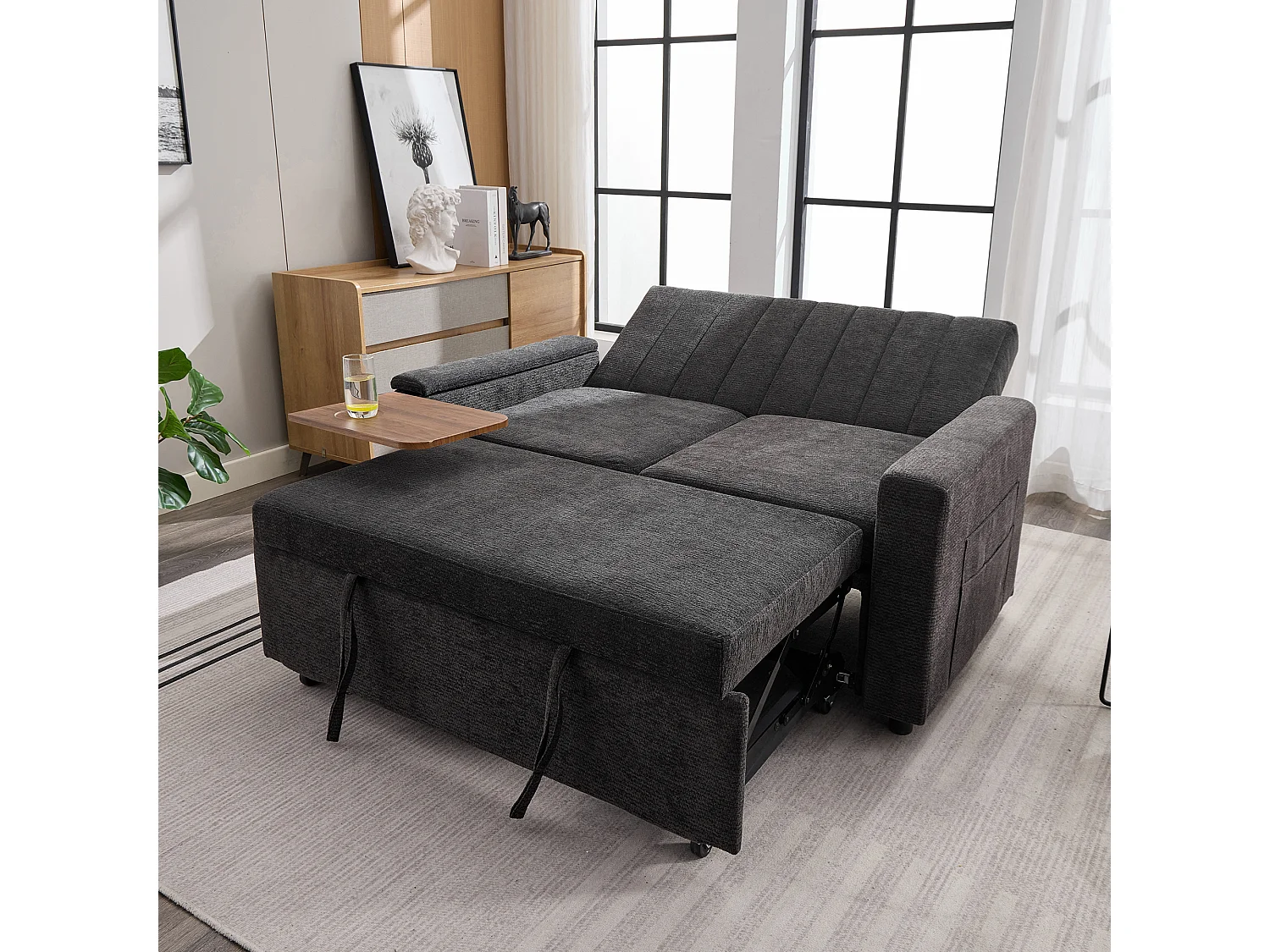 Sofa rozkładana 2-osobowa - USB i Type-C - Składany stolik i boczne kieszenie - Welur - Na kółkach - Beżowoszary