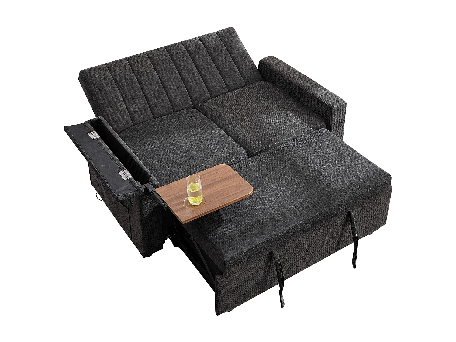 Sofa rozkładana 2-osobowa - USB i Type-C - Składany stolik i boczne kieszenie - Welur - Na kółkach - Beżowoszary