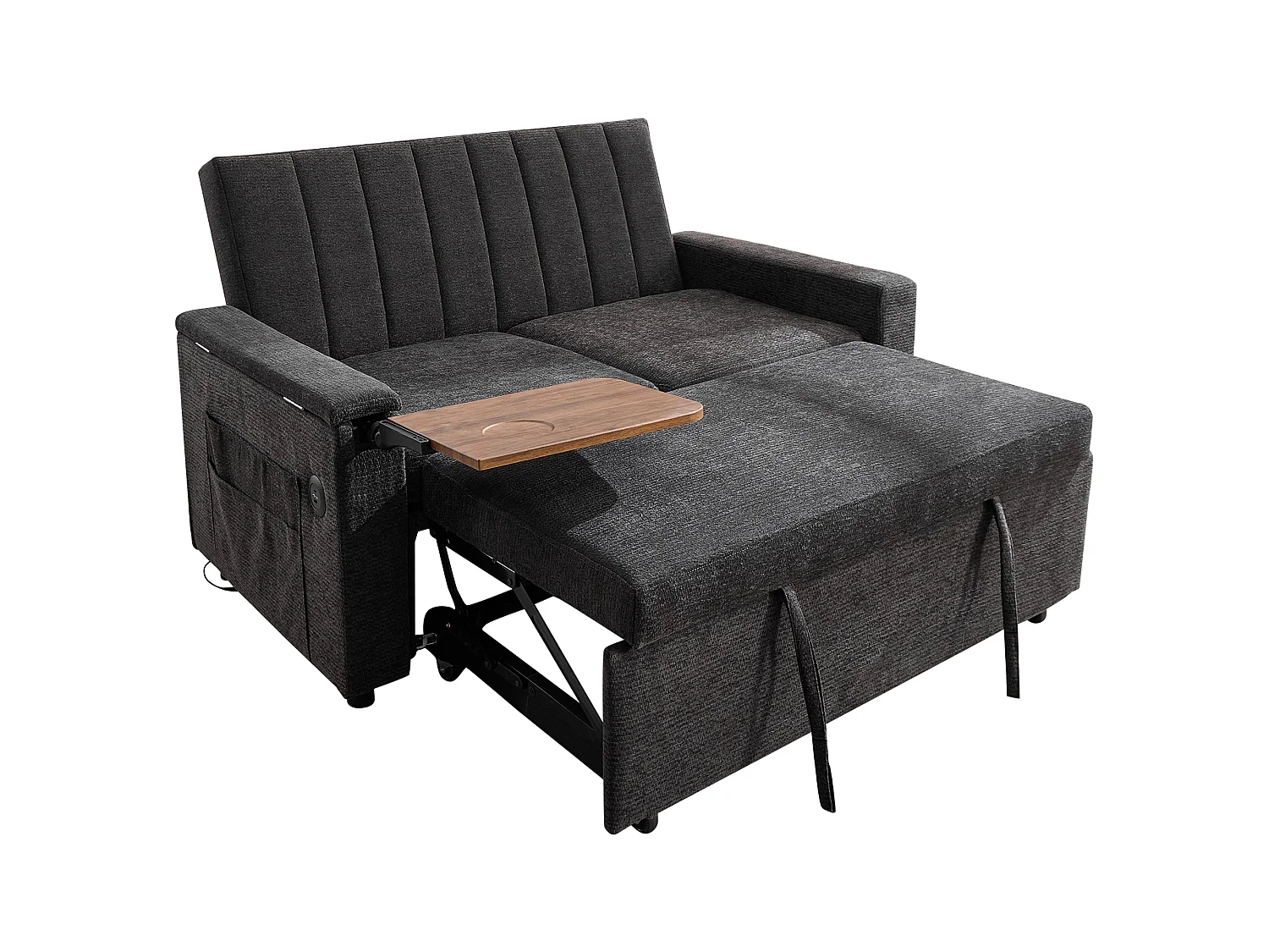 Sofa rozkładana 2-osobowa - USB i Type-C - Składany stolik i boczne kieszenie - Welur - Na kółkach - Beżowoszary