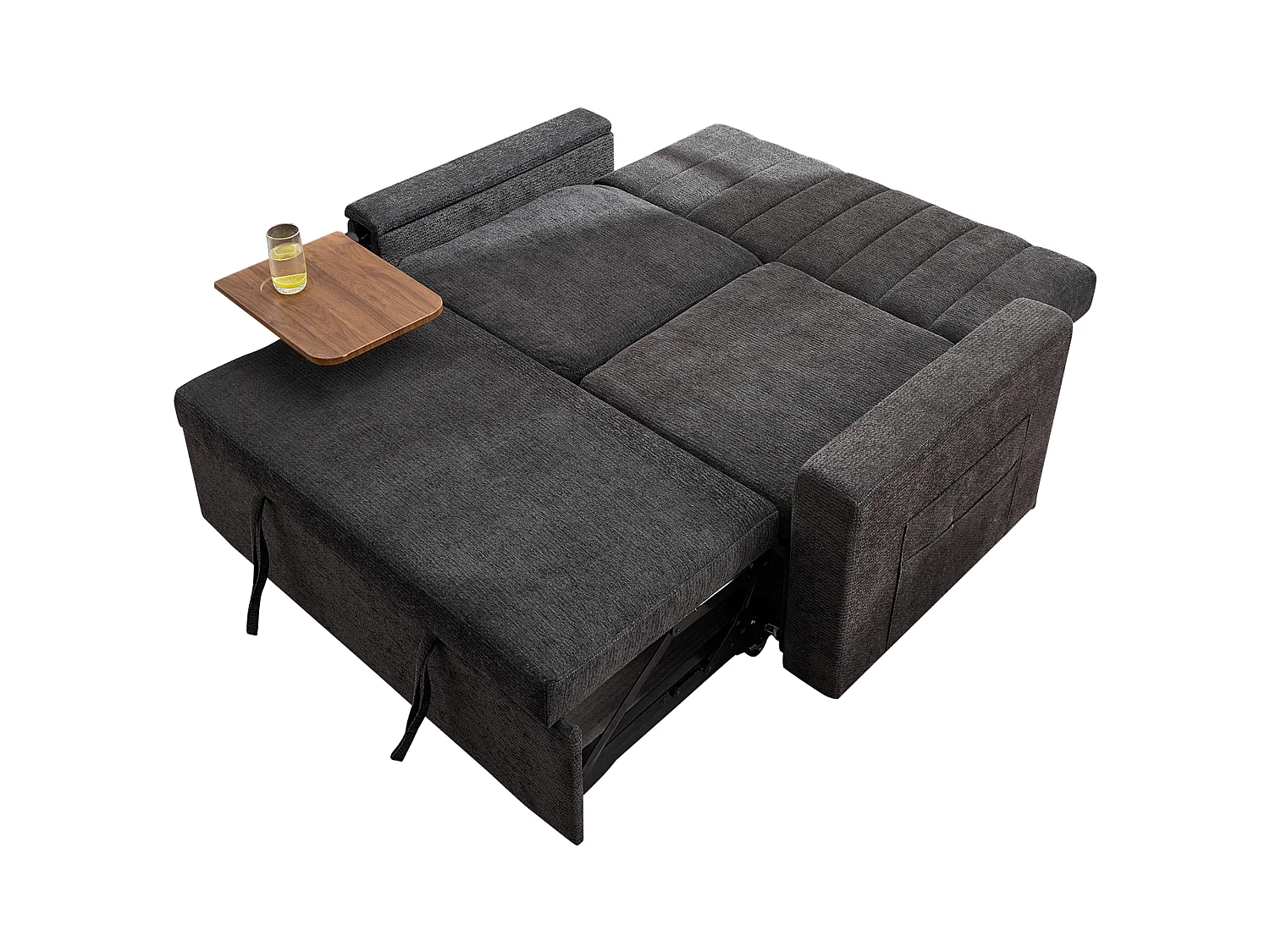 Sofa rozkładana 2-osobowa - USB i Type-C - Składany stolik i boczne kieszenie - Welur - Na kółkach - Beżowoszary
