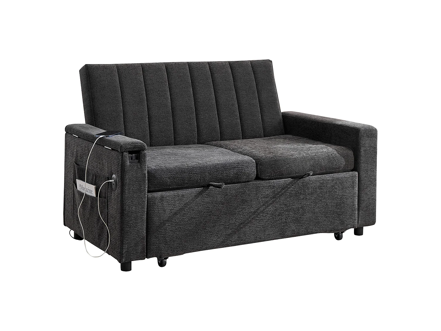 Sofa rozkładana 2-osobowa - USB i Type-C - Składany stolik i boczne kieszenie - Welur - Na kółkach - Beżowoszary