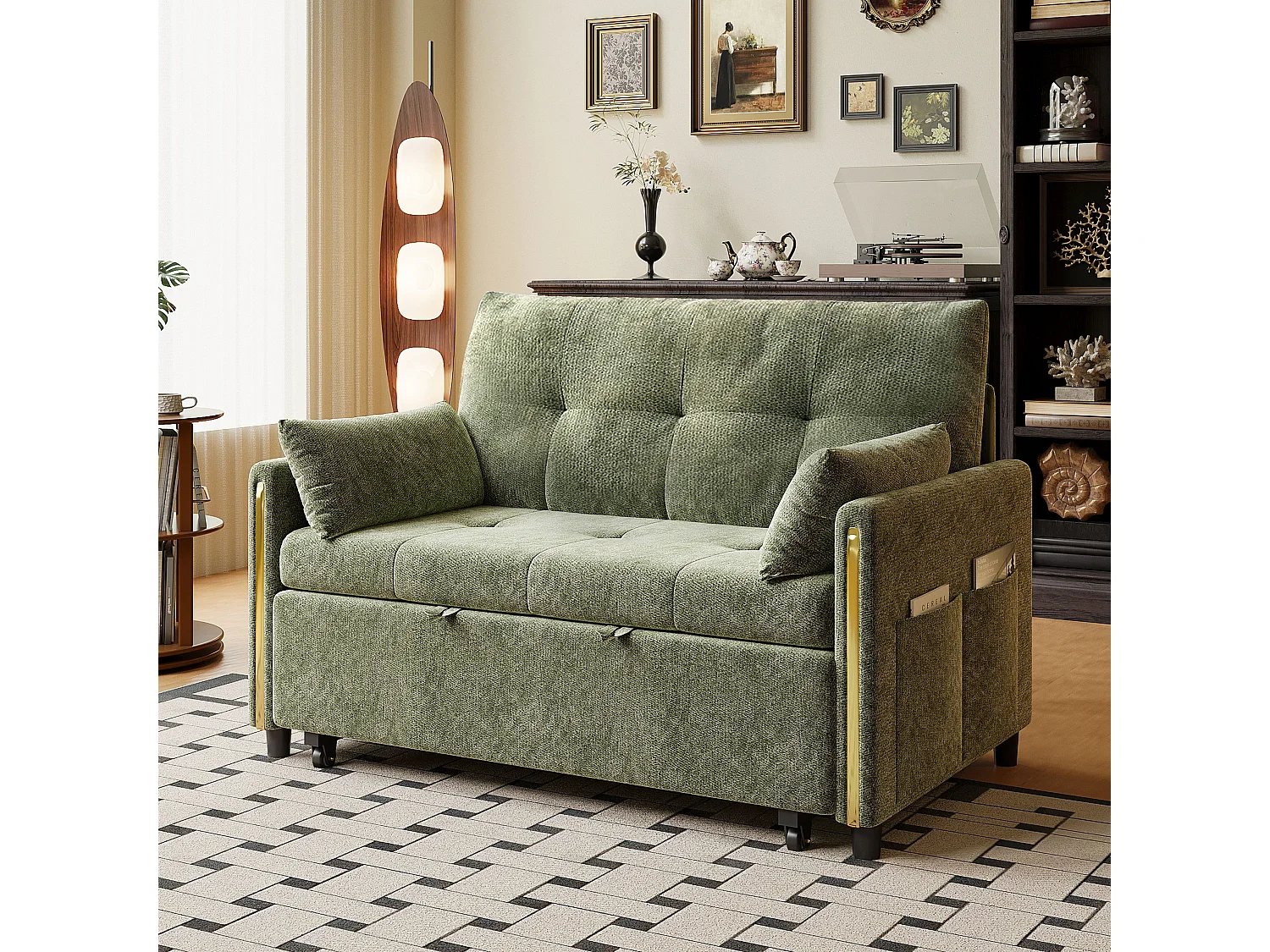 Slaapbank 2-zits converteerbaar - slaapfunctie - dubbele uitschuifbare slaapbank - verstelbare rugleuning 5 standen - chenille stof - Groen